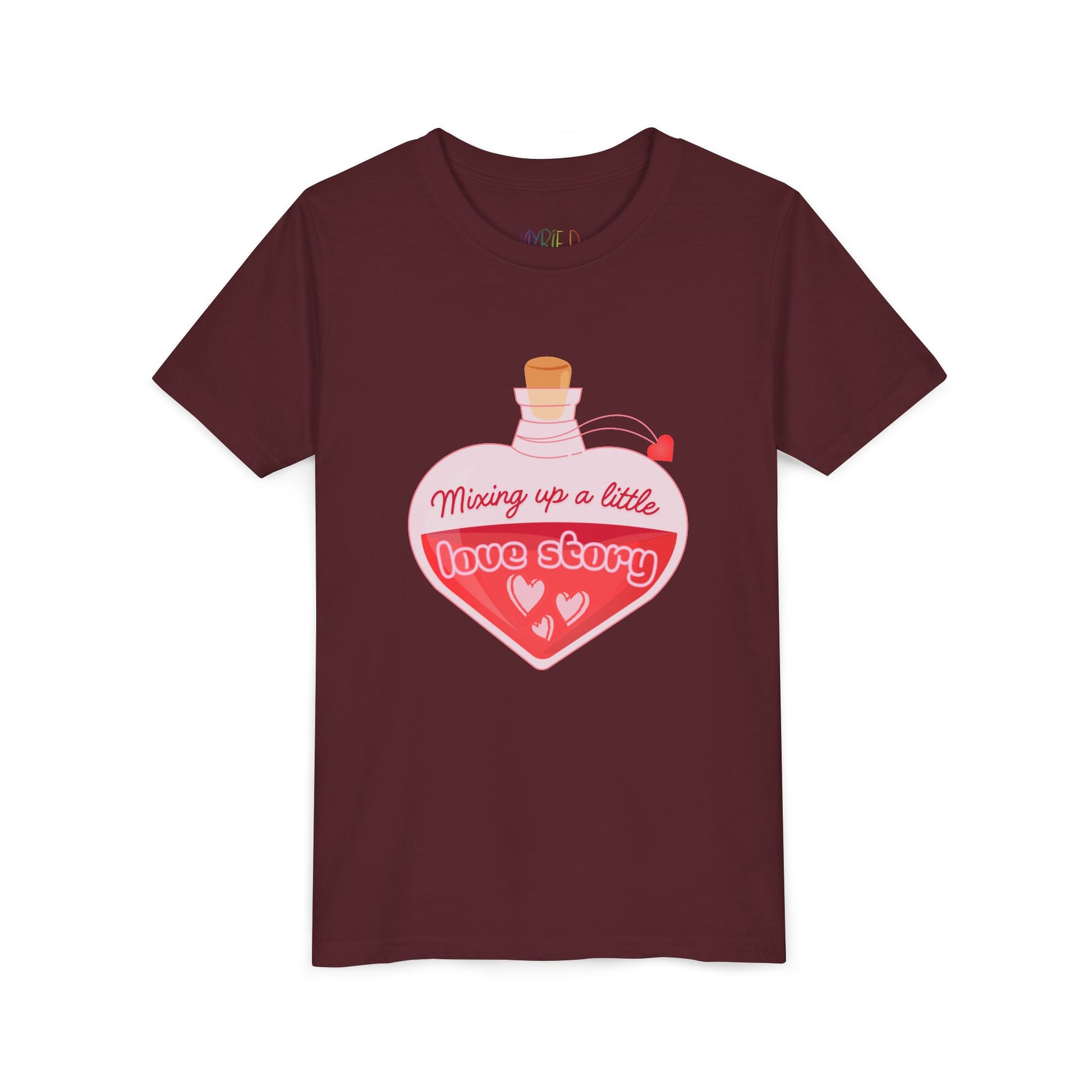 Maroon t-shirt with a heart-shaped potion bottle and text 'Mixing Up A Little Love Story' 