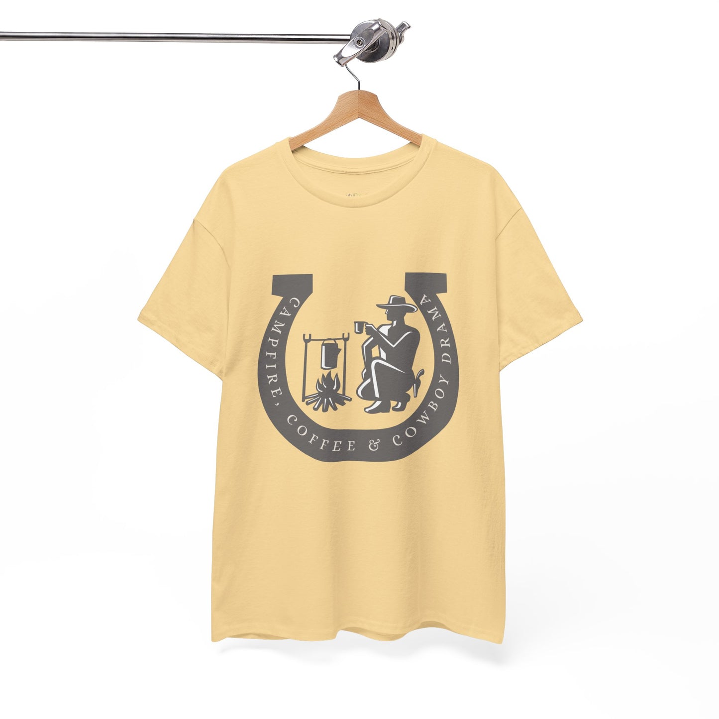 Yellow t-shirt with a large gray horseshoe graphic around a cowboy campfire and text 'Campfire, Coffee & Cowboy Drama'