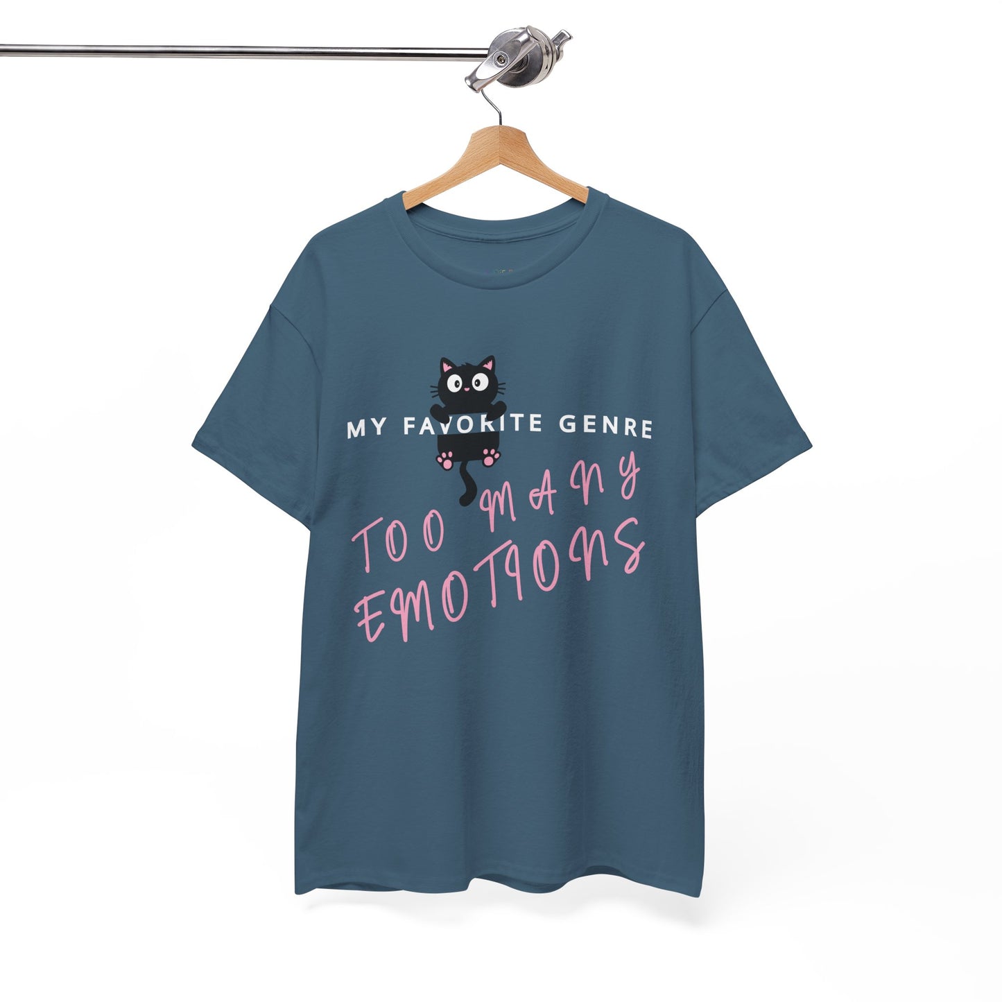 Indigo blue t-shirt with a black cat graphic hanging onto a word and text 'My Favorite Genre - Too Many Emotions' 