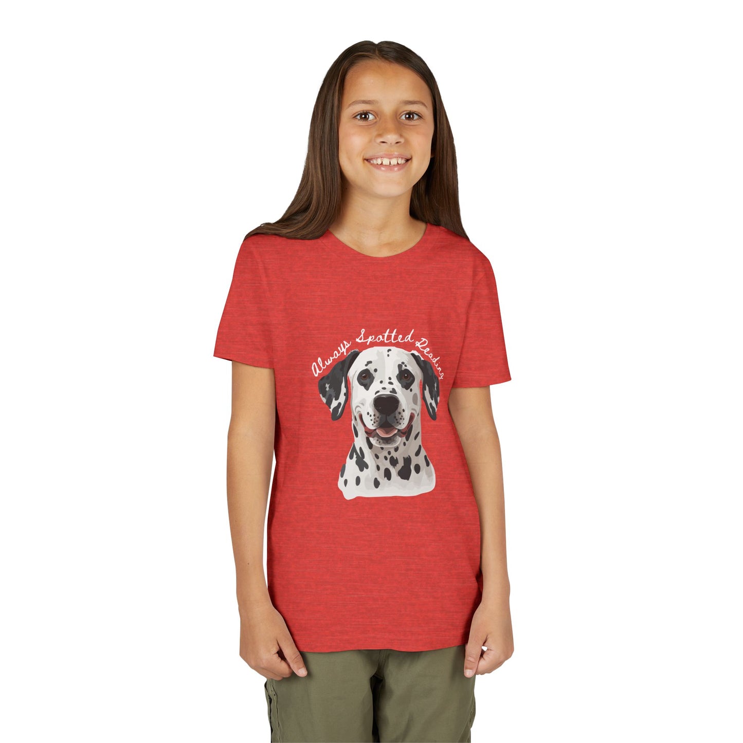 Girl wearing a red t-shirt with a Dalmatian dog graphic and text 'Always Spotted Reading'