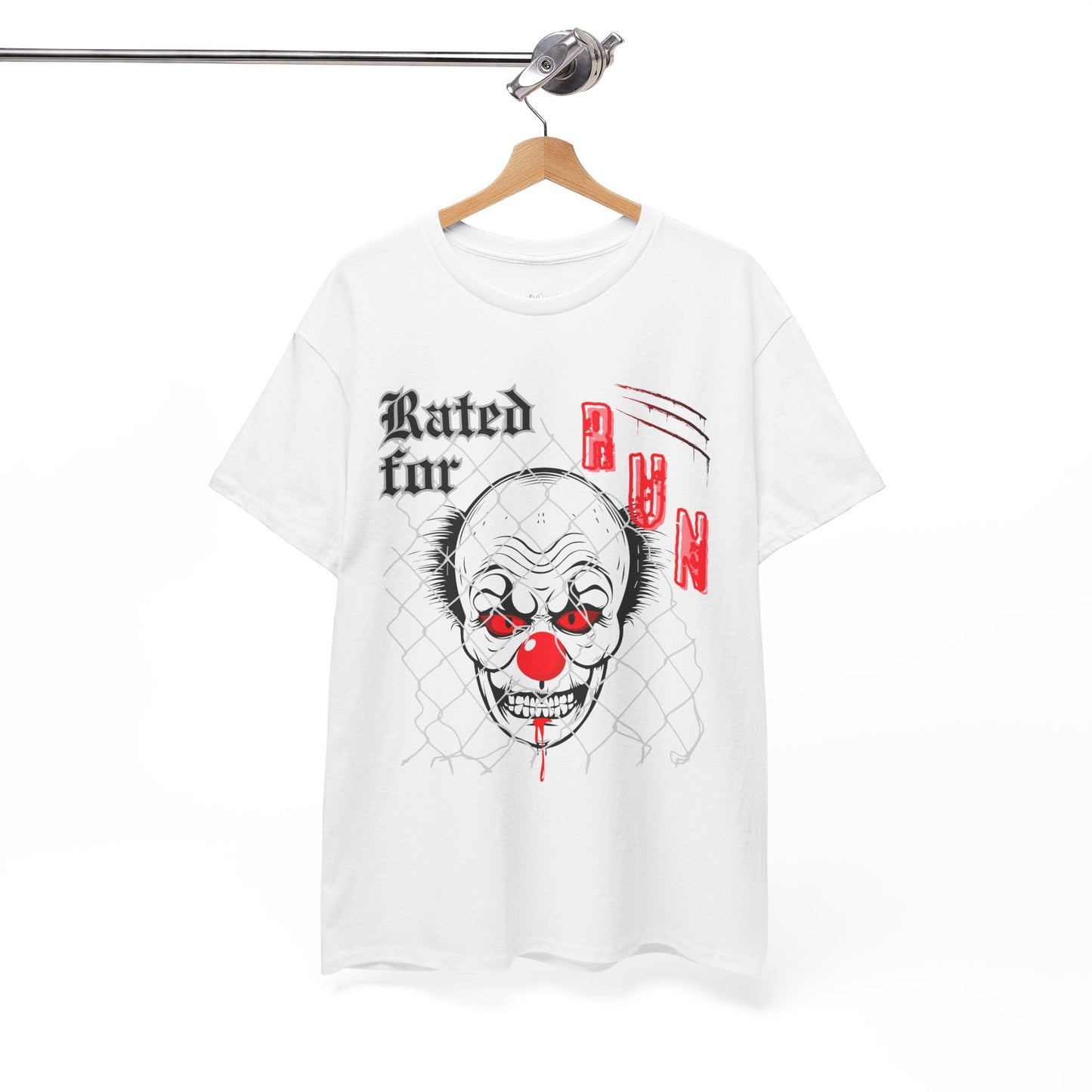 White horror t-shirt with a graphic design of a scary clown face behind chain linked fence and text 'Rated for R' on a hanger against a white background
