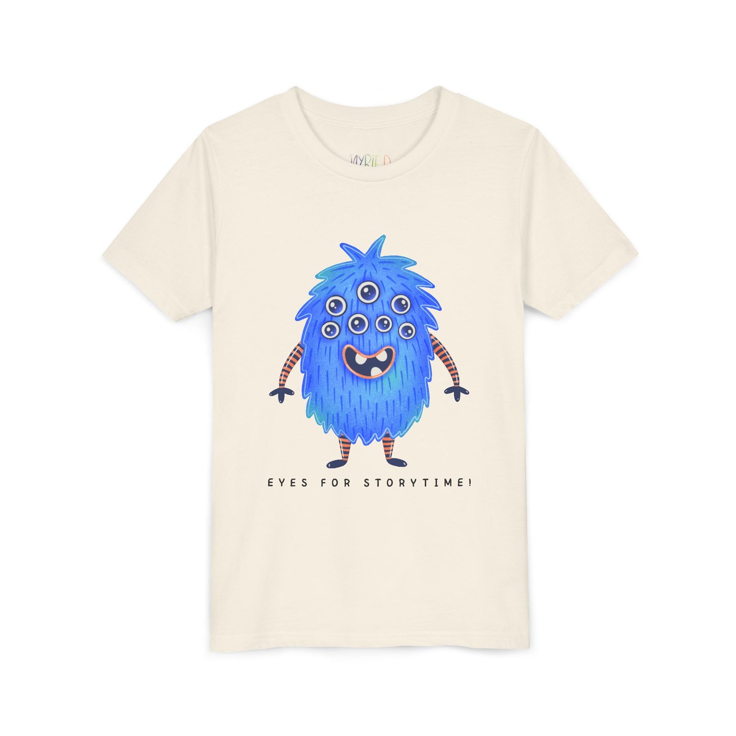 Beige t-shirt with a multi-eyed blue monster graphic and text 'Eyes For Storytime'