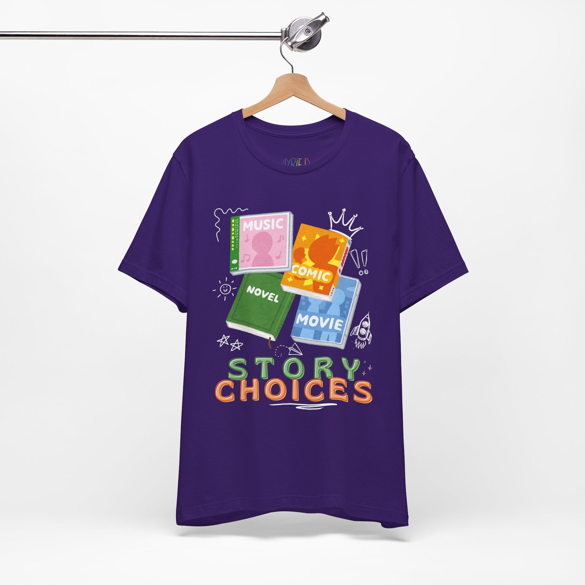 Purple t-shirt with different kinds of audio and visual media, surrounded by doodles and text 'Story Choices' 