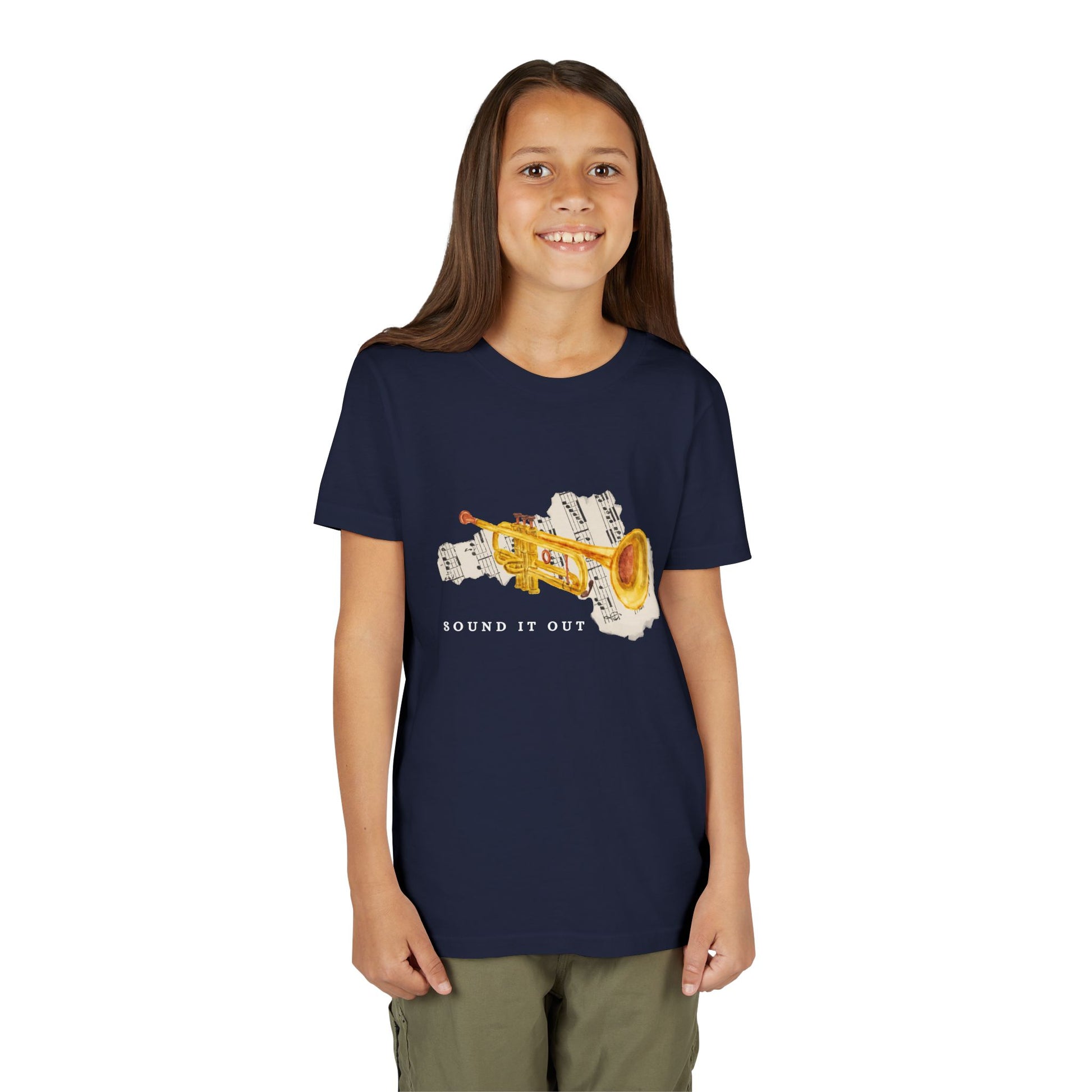 Girl wearing a navy blue t-shirt with a gold trumpet, torn music sheet and 'SOUND IT OUT' text 