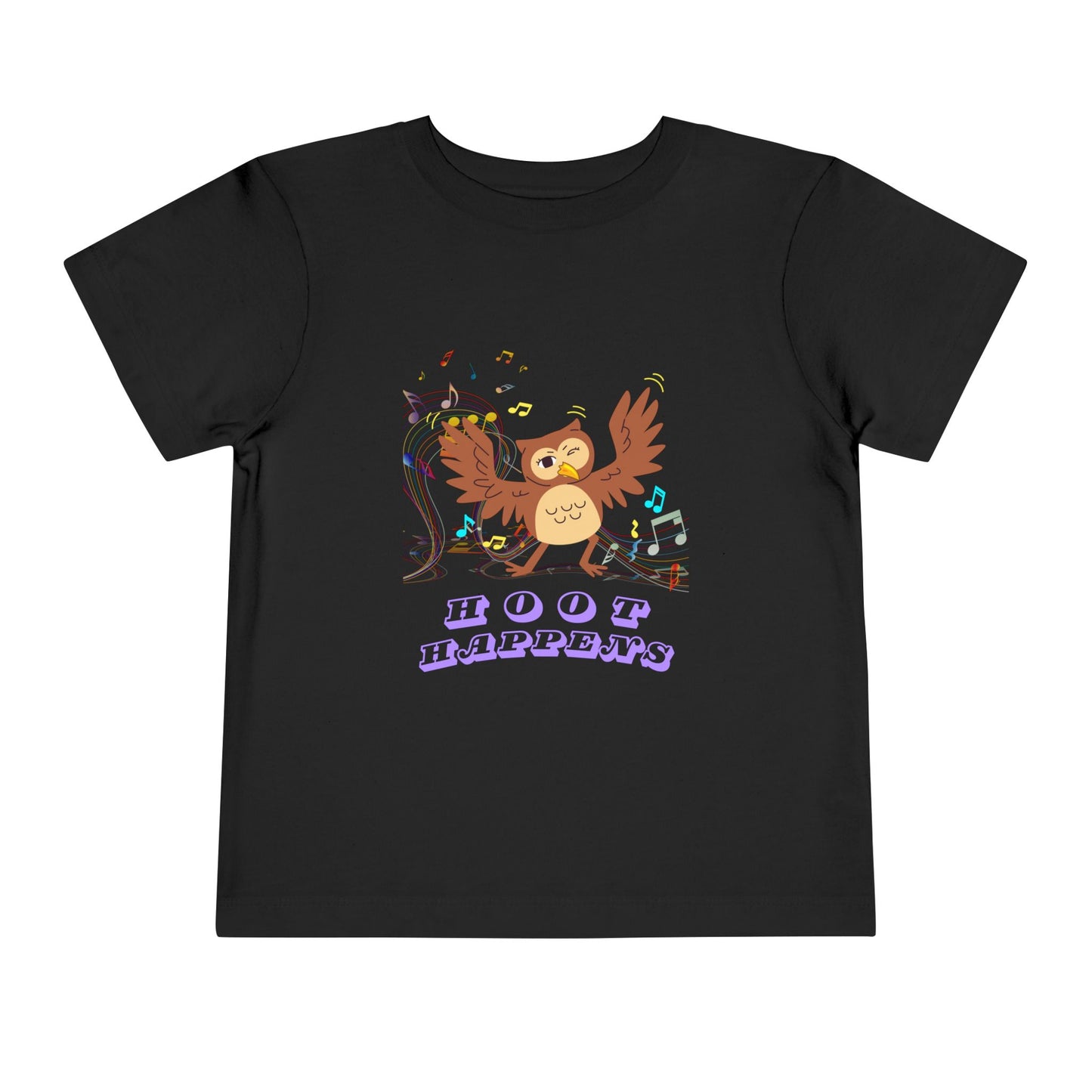 Black toddler t-shirt with a colorful music notes and a dancing owl, 'Hoot happens' text 