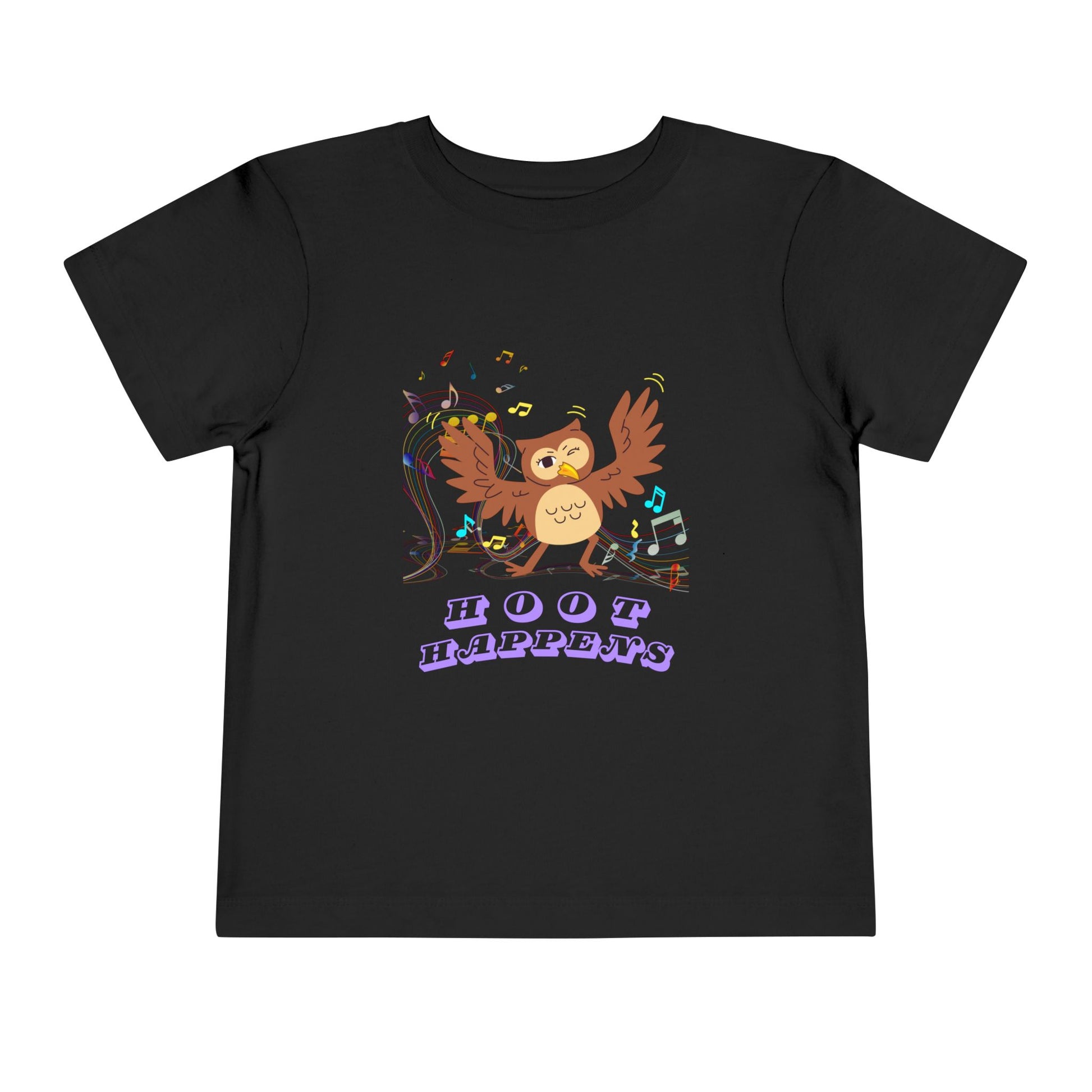 Black toddler t-shirt with a colorful music notes and a dancing owl, 'Hoot happens' text 
