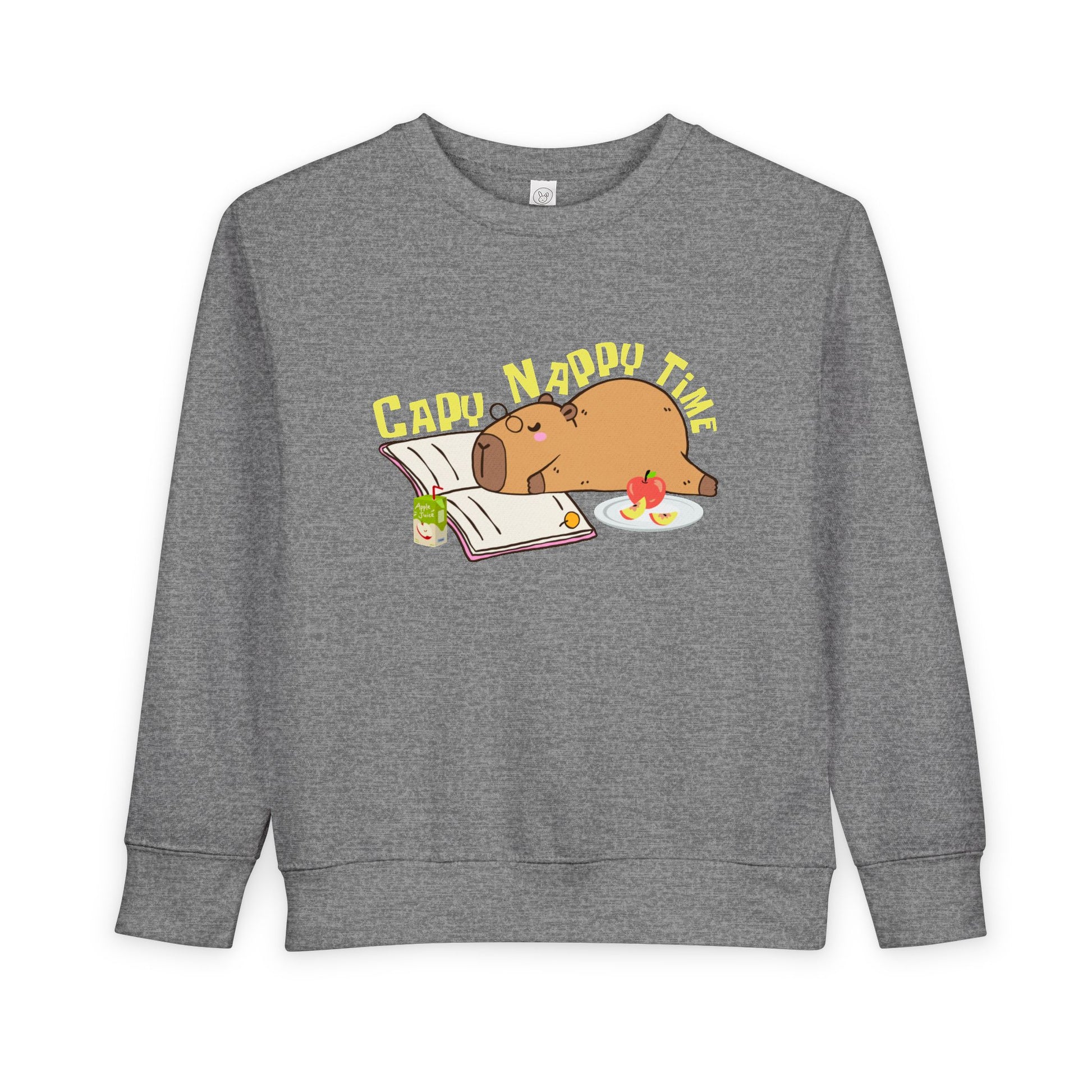 Gray toddler sweatshirt with a napping capybara, snacks, an open book and text 'Capo Nappy Time'