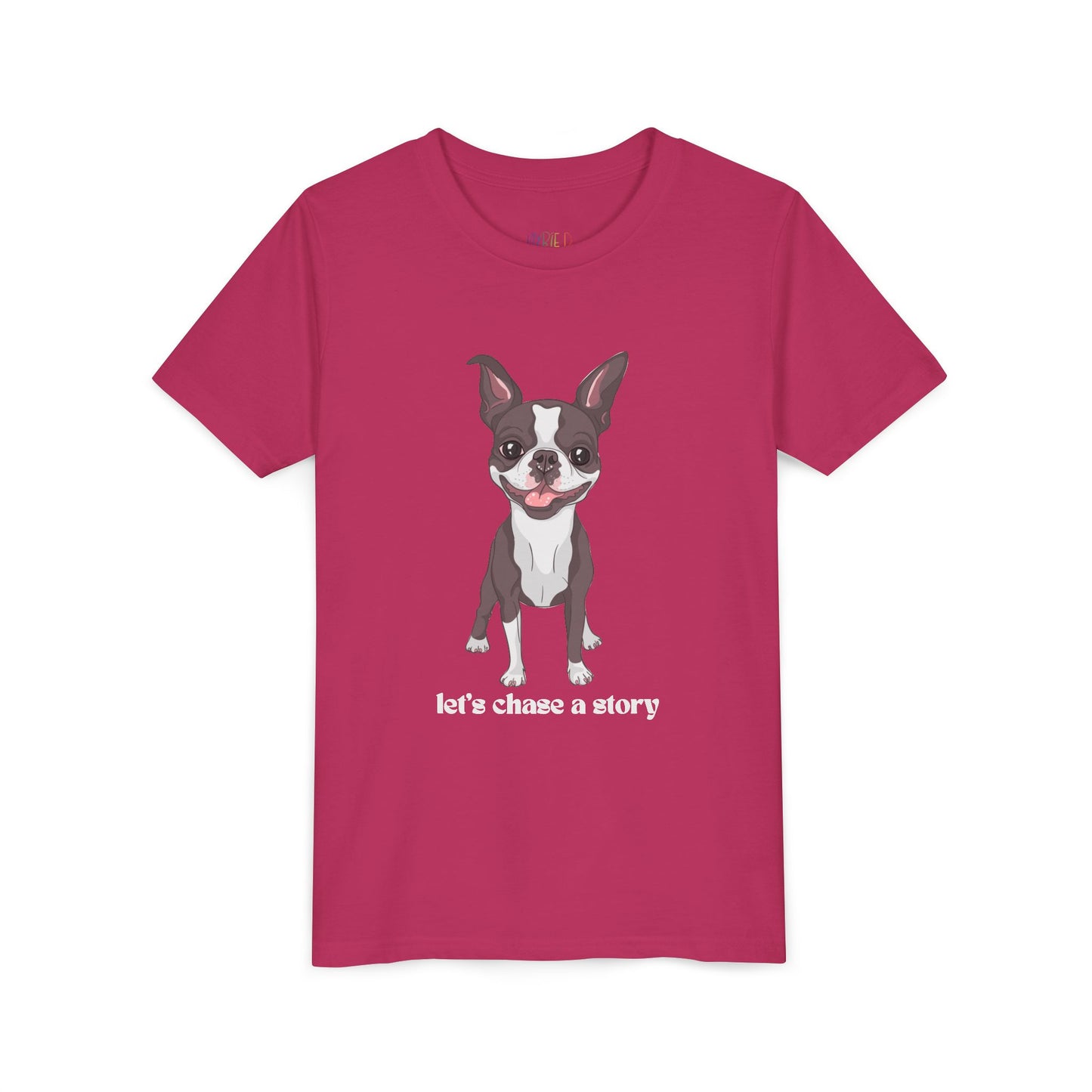 Dark pink t-shirt with a cut dog and text 'let's chase a story'