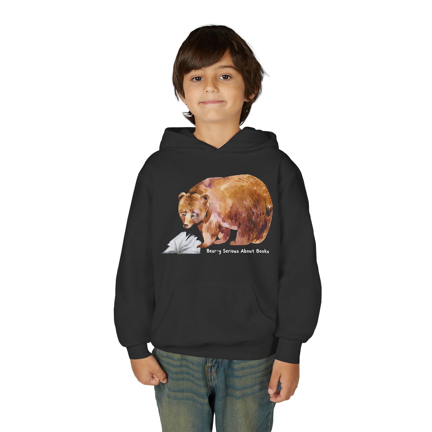 Boy wearing a black hoodie with a monacle wearing bear with a book graphic and text 'Beary Serious About Books'