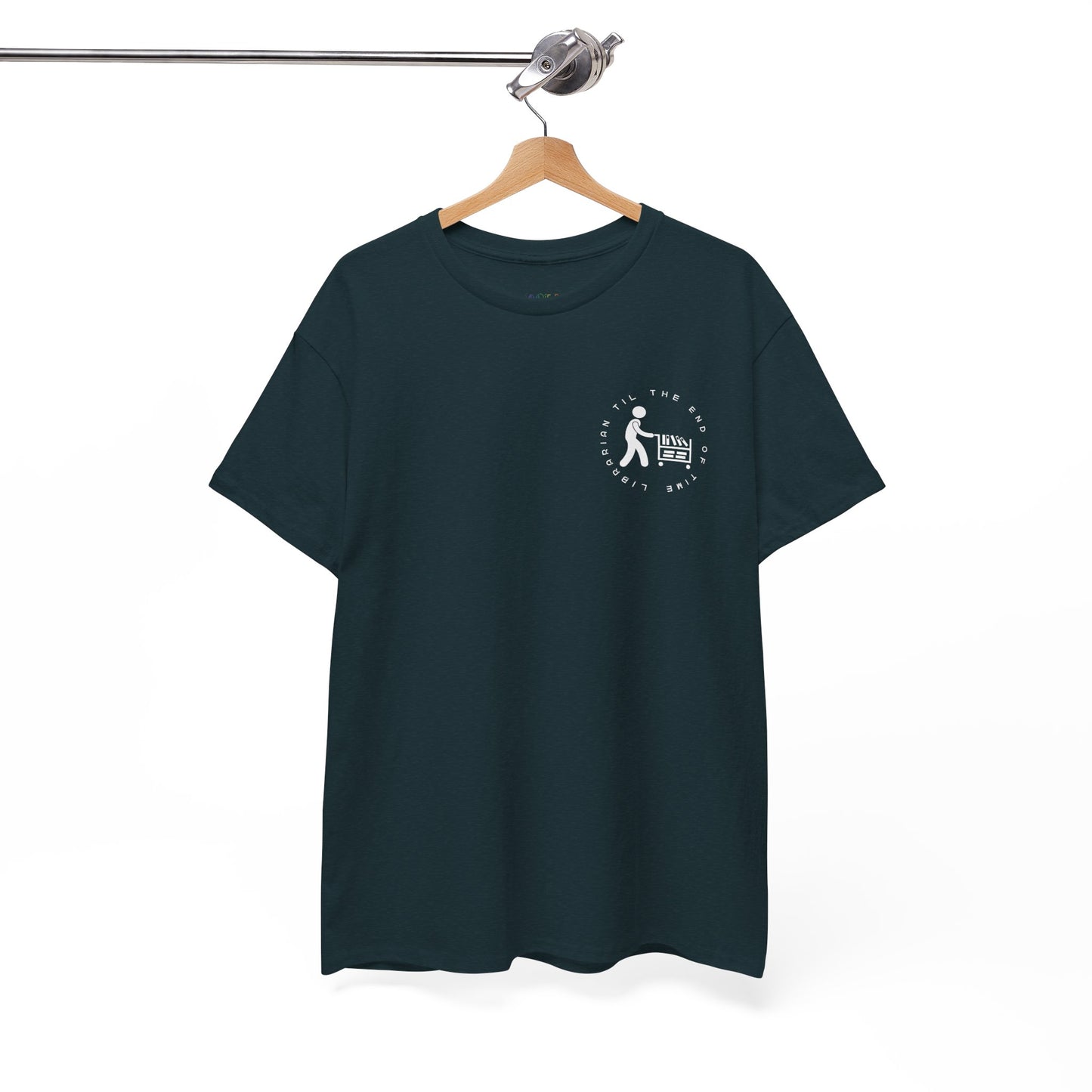 Midnight dual-sided t-shirt with a small librarian pushing a cart on the front and a full size bookshelf with a zombie hand reaching up on the back, text 'Late Fees Can't Stop Me'