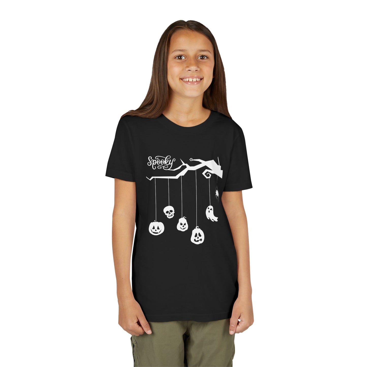 Girl wearing a black t-shirt with Halloween-themed three limb and hanging spooky charms