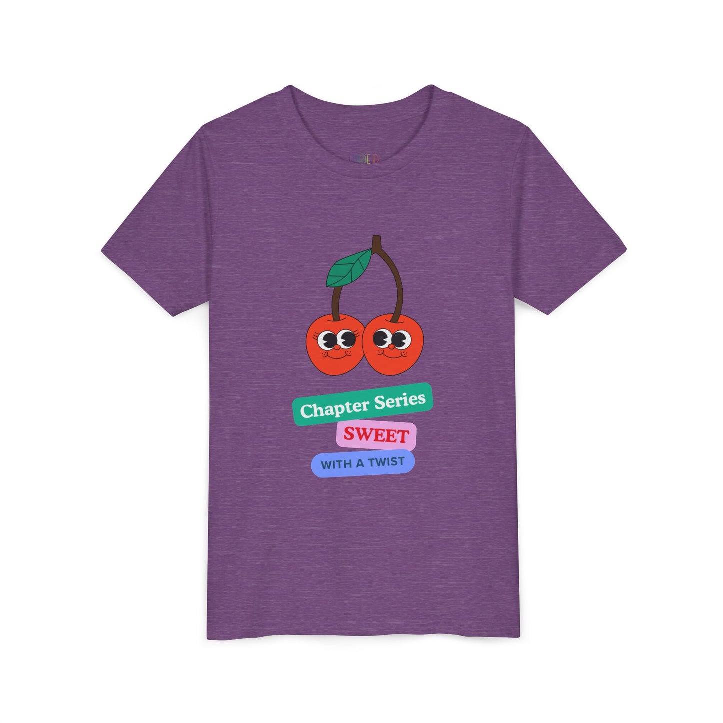 Purple t-shirt with a smiling cherry graphic and text 'Chapter Series SWEET With A Twist'