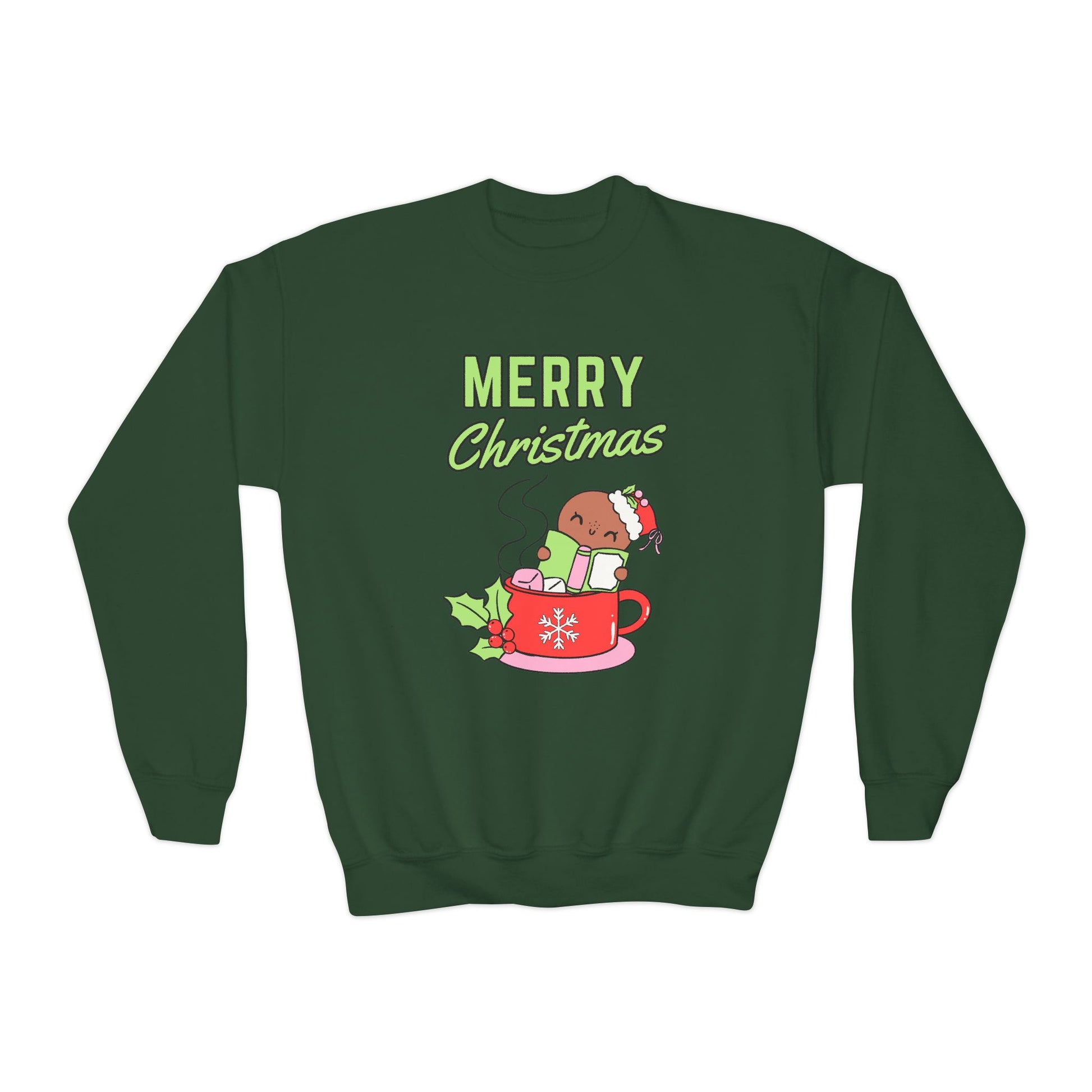 Green sweatshirt with a gingerbread man reading in a book, as he sits inside a cup of cocoa and text 'Merry Christmas' 