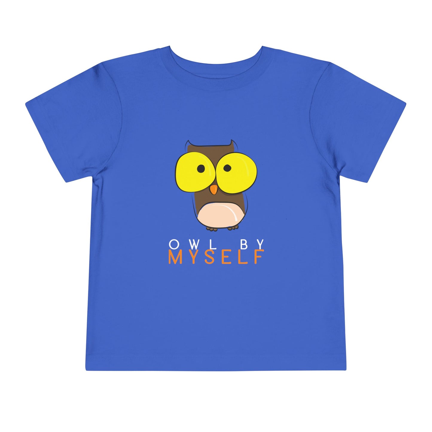 Blue toddler t-shirt with an big eyed owl graphic and 'Owl by Myself' text 