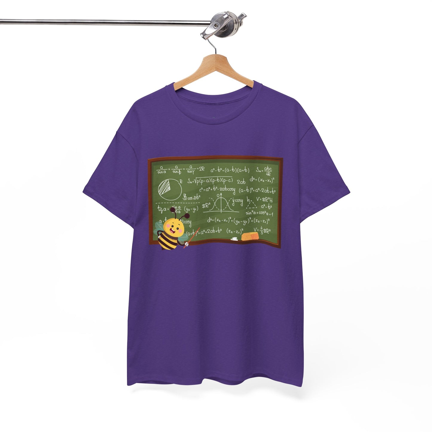 Purple t-shirt with a graphic of bee pointing at a chalk board with mathematical equations 