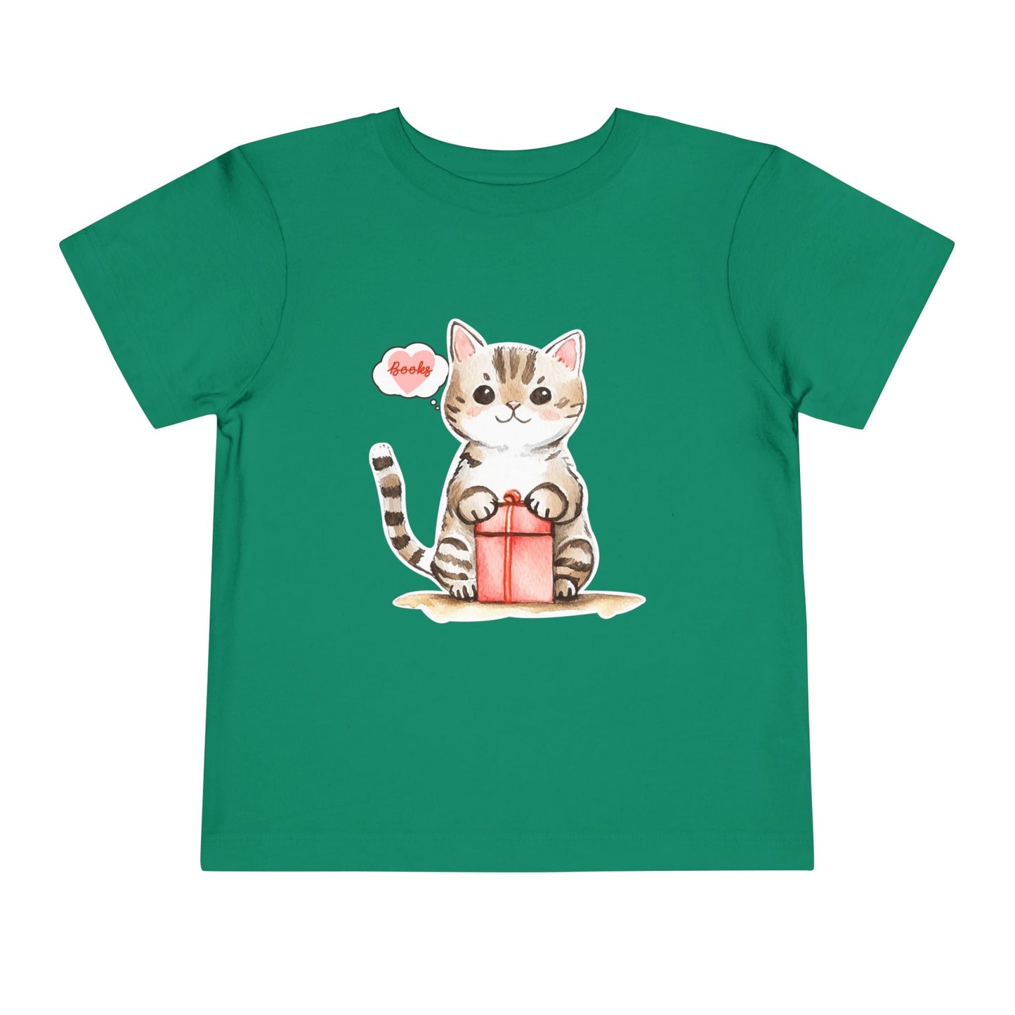 Green toddler t-shirt with a cat holding a gift box and a thought bubble of books, on a white background