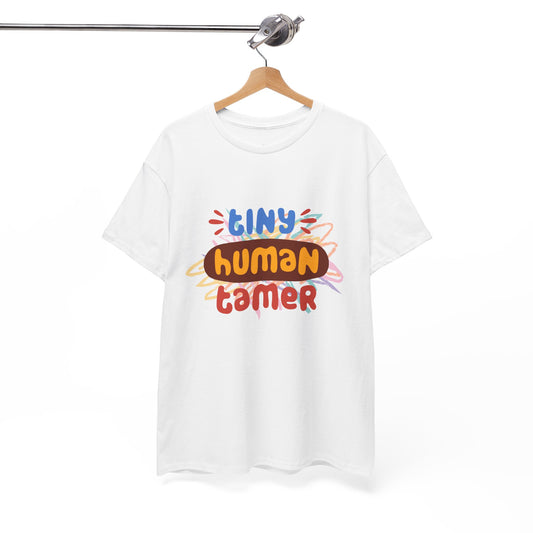 White t-shirt with crayon scribbles and text 'tiny human tamer' 