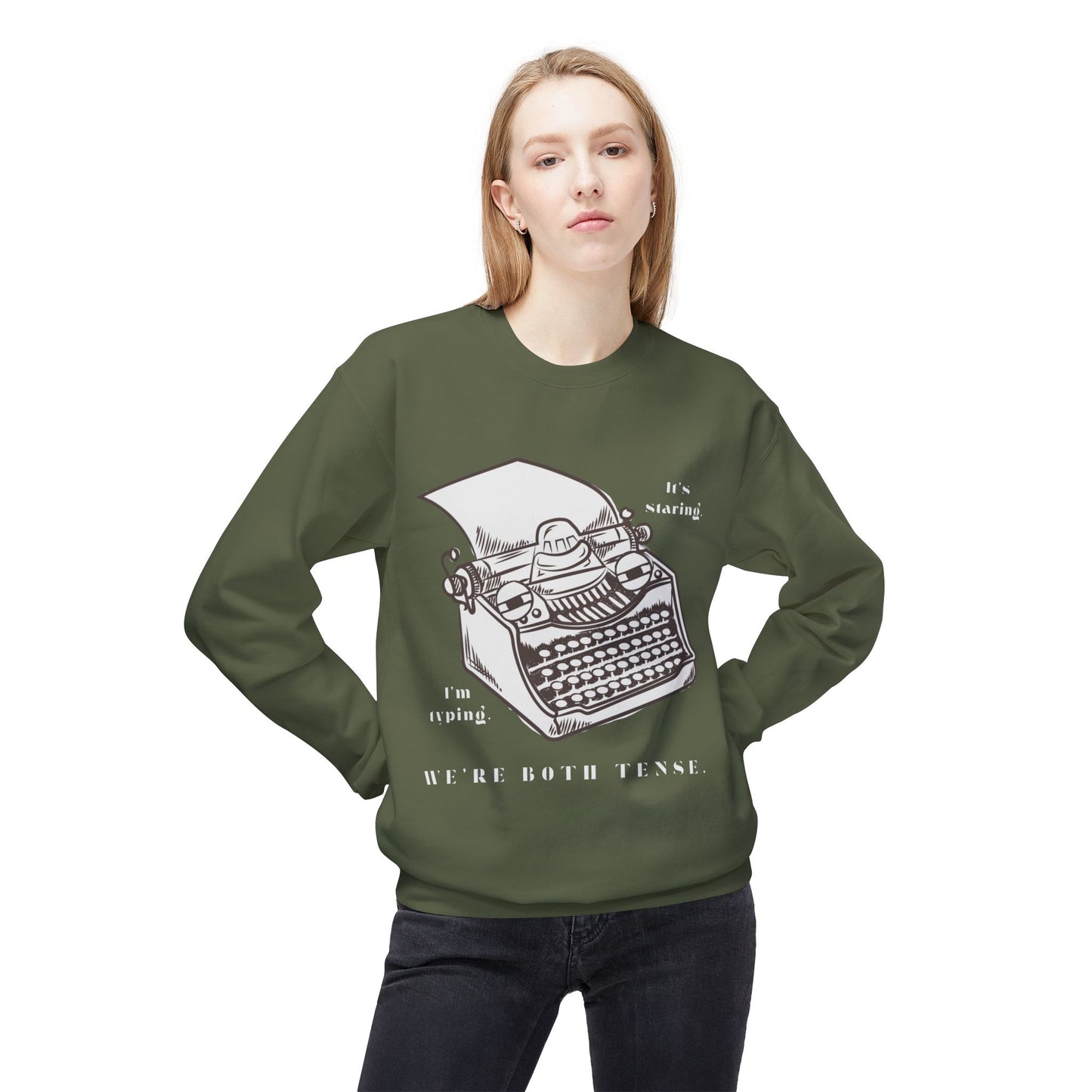 Teen/Adult Unisex We’re Both Tense Sweatshirt, Funny Typewriter & Writer’s Block Design