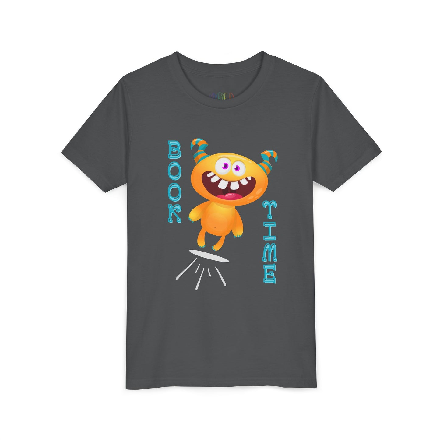Gray t-shirt with a jumping monster and text 'Book Time'