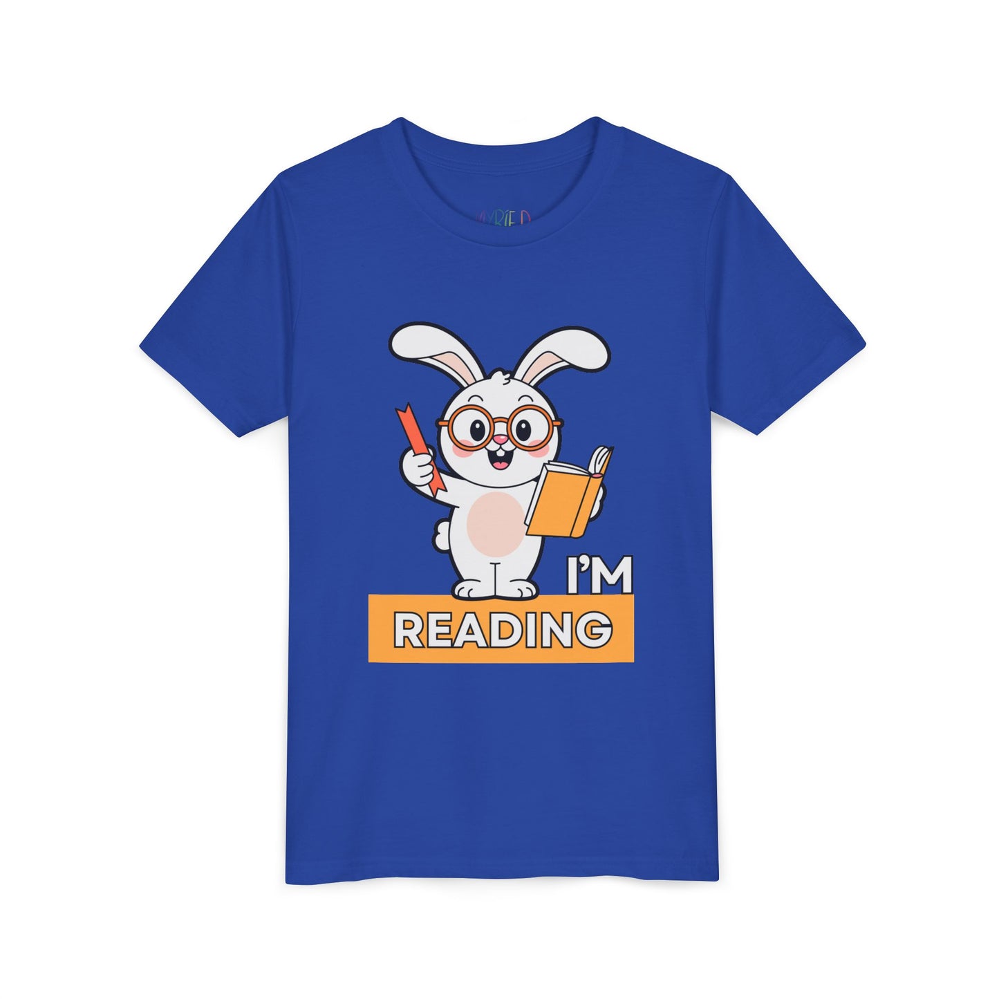 Blue t-shirt with a cartoon bunny holding a bookmark and a book, with 'I'm Reading' text 