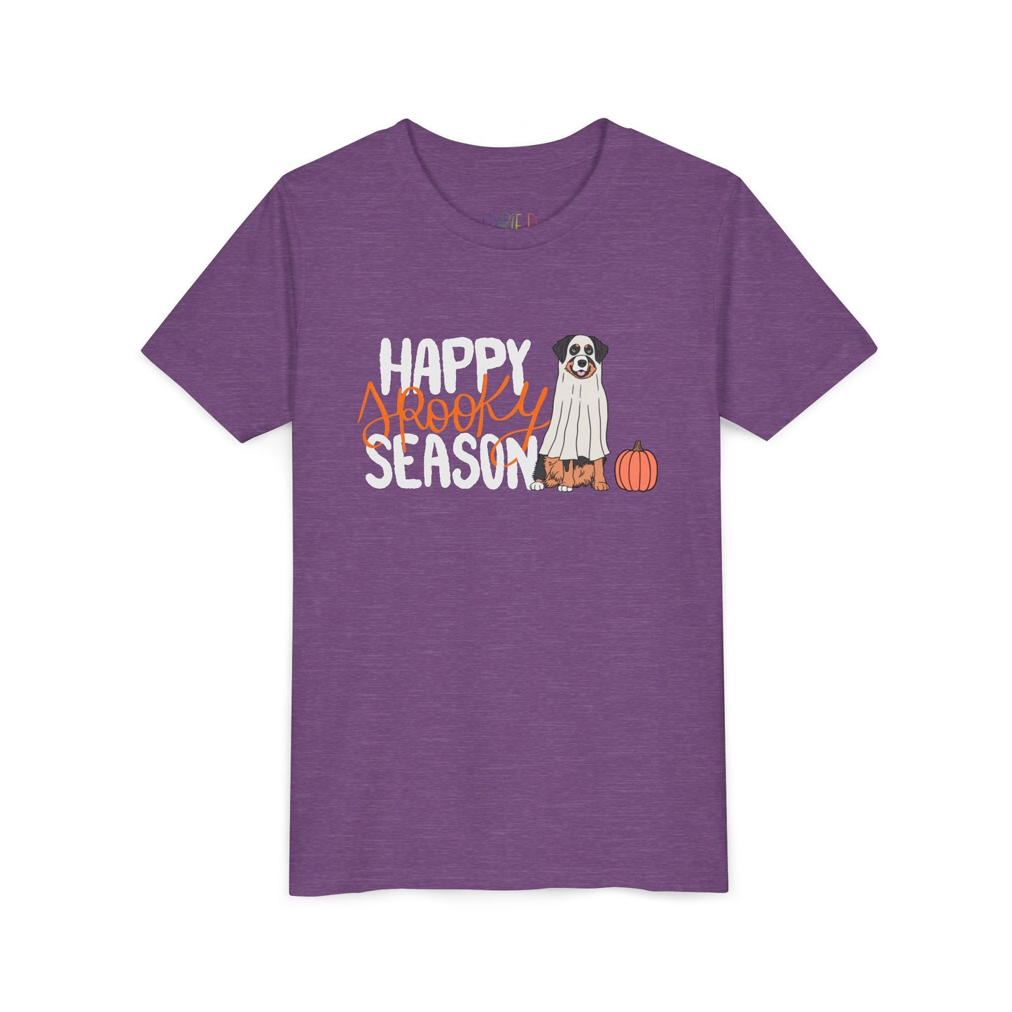 Purple t-shirt with 'Happy Spooky Season' text and a dog dressed as a ghost