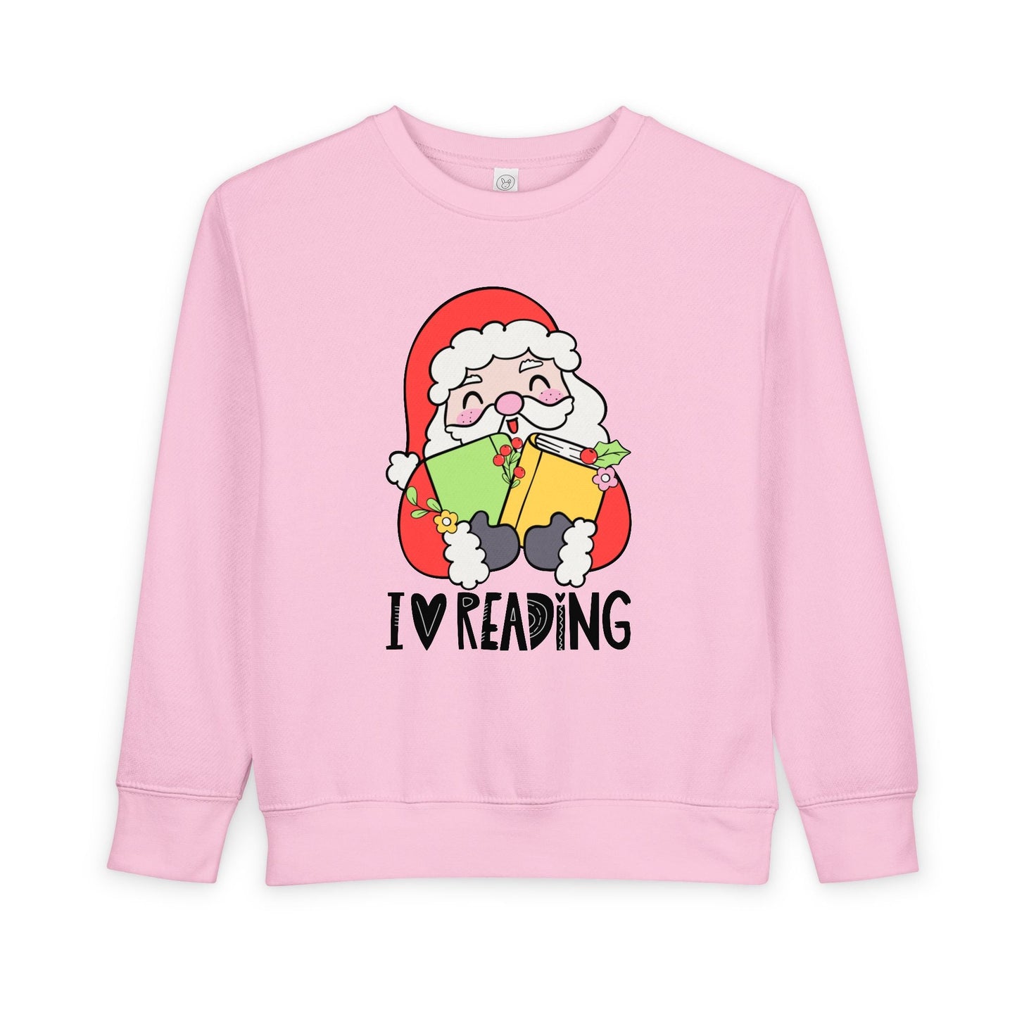 Pink toddler sweatshirt with a cartoon Santa Claus holding books and 'I love reading' text on a white background