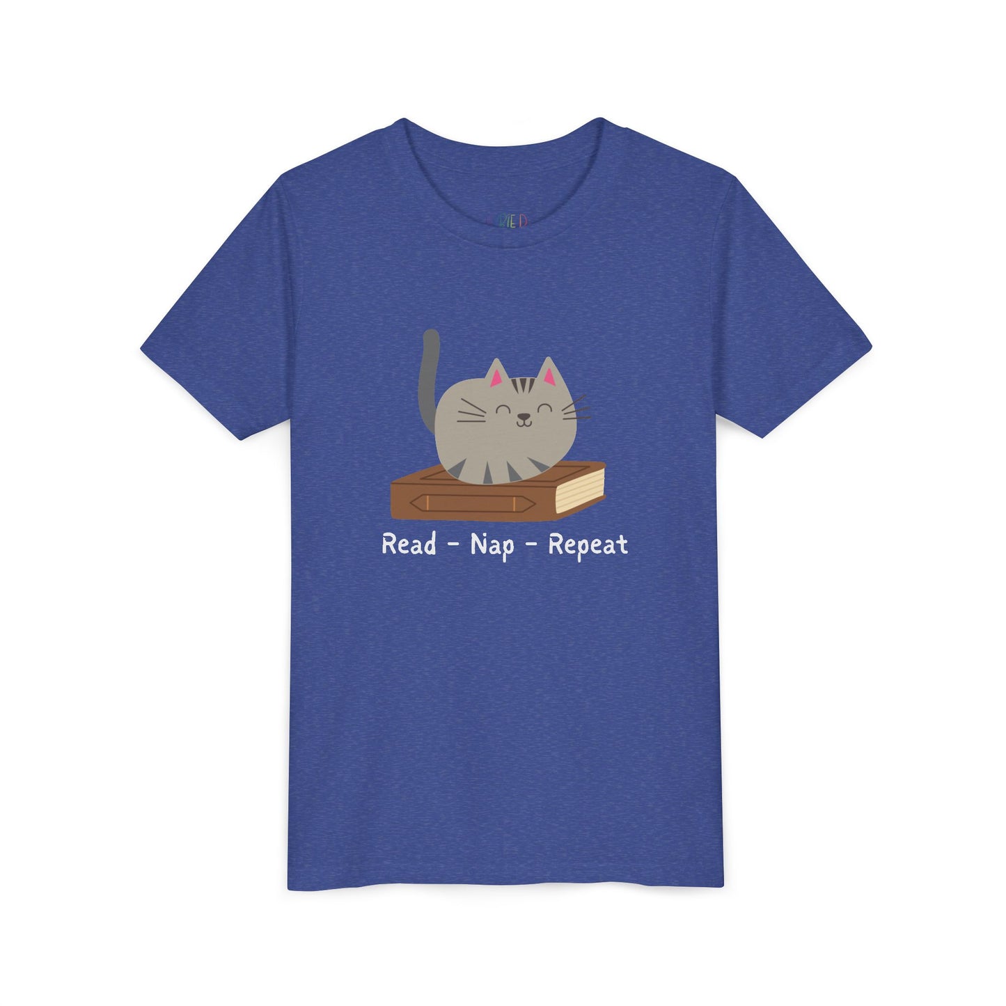 Youth Read – Nap – Repeat T-Shirt – Cozy Cat Tee for Bookish Kids