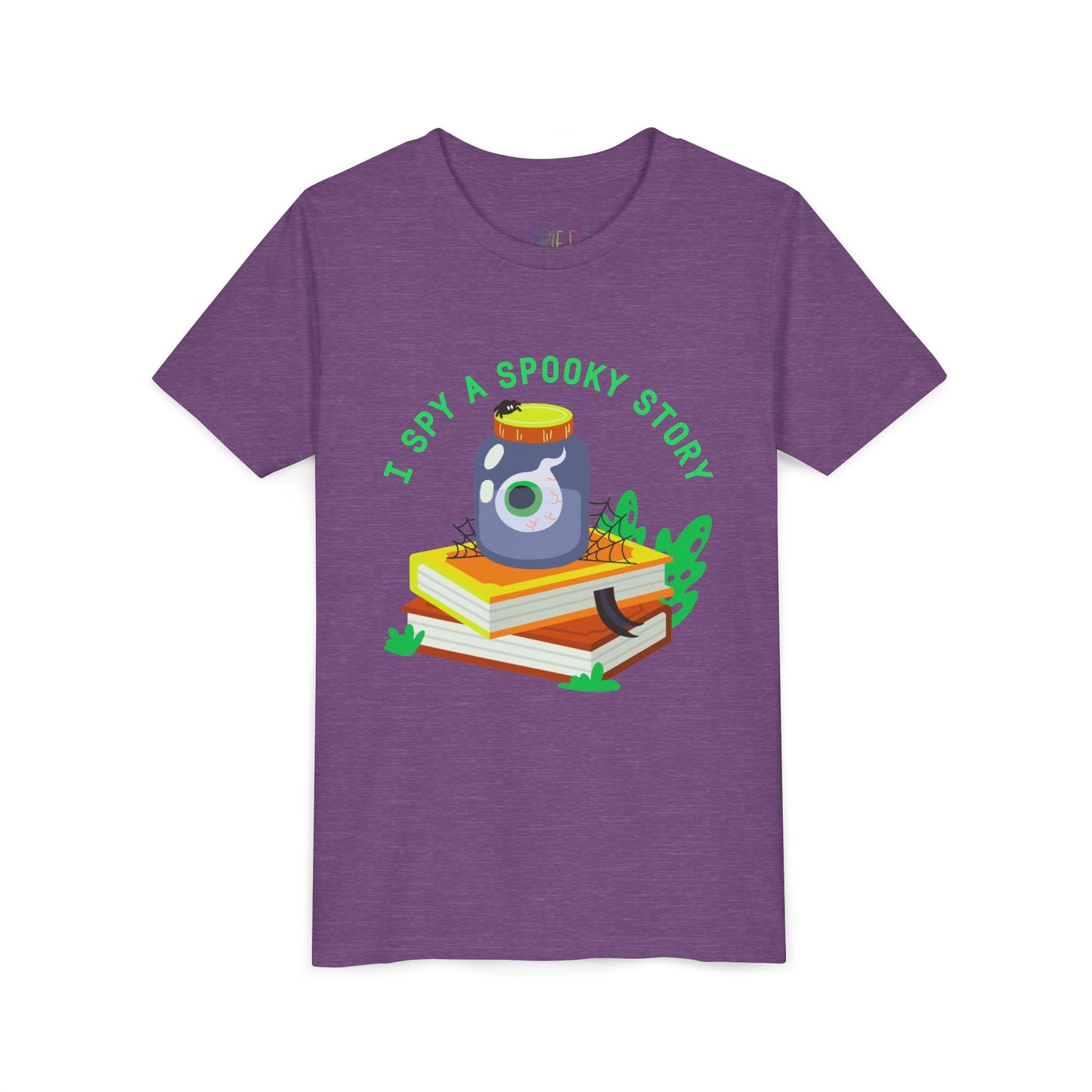 Purple t-shirt with a graphic design of a jar with an eyeball, books, a spider and text 'I Spy A Spooky Story'