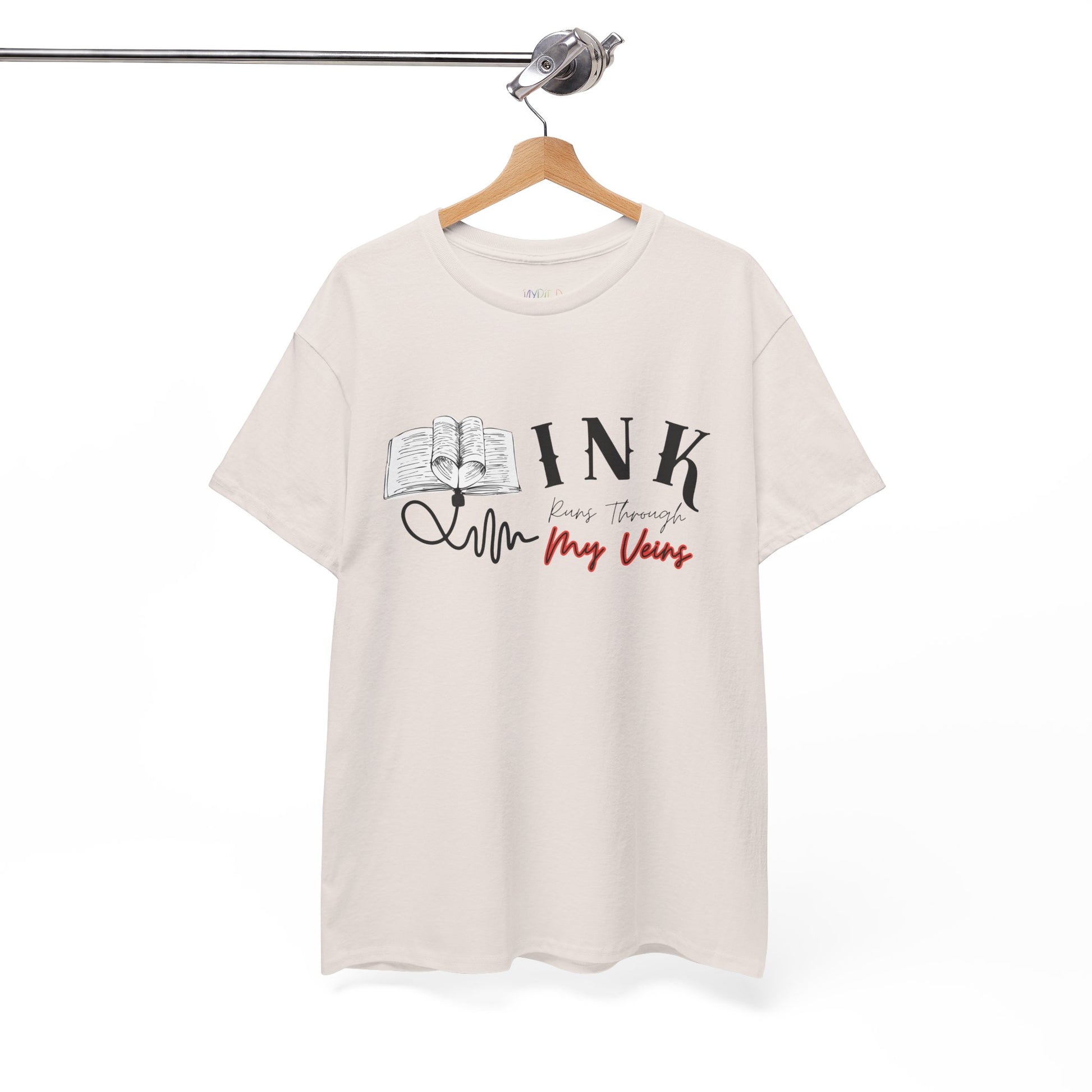Ice gray t-shirt with an IV connected to an open book and text 'INK Runs Through My Veins' 