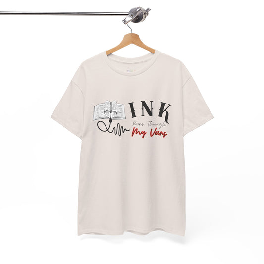 Ice gray t-shirt with an IV connected to an open book and text 'INK Runs Through My Veins' 