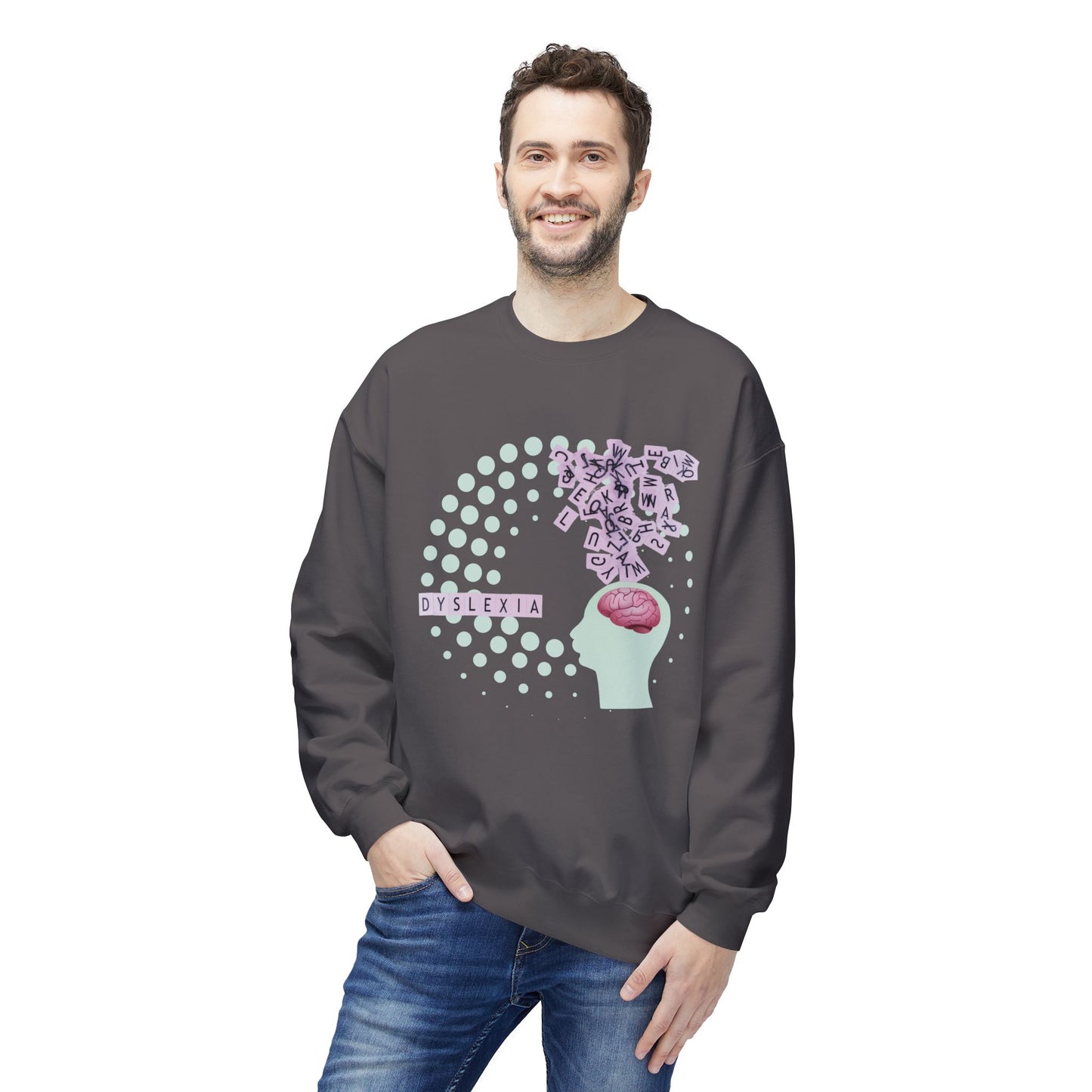 Man wearing a gray sweatshirt with swirling letters dyslexia graphic design 