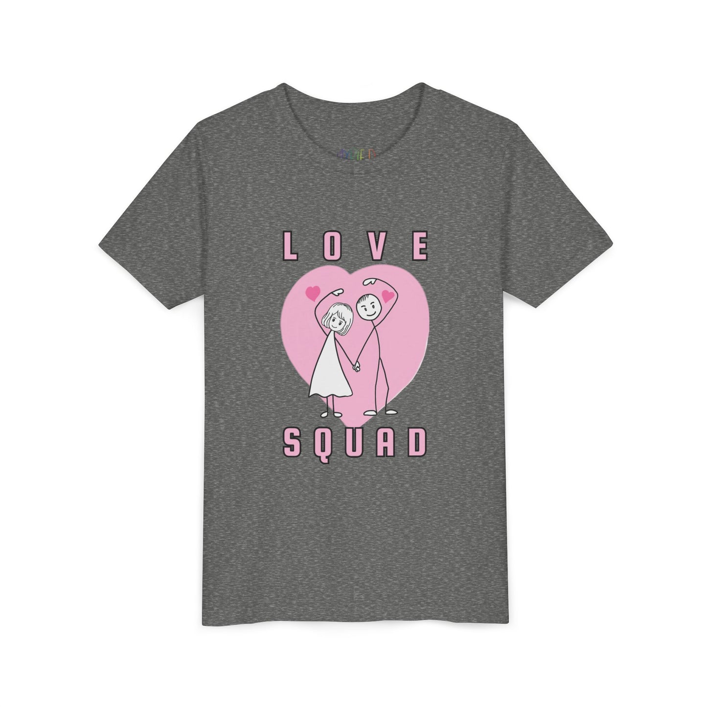 Gray t-shirt with 'Love Squad' stick figure design, a large pink heart and text 'Love Squad' 