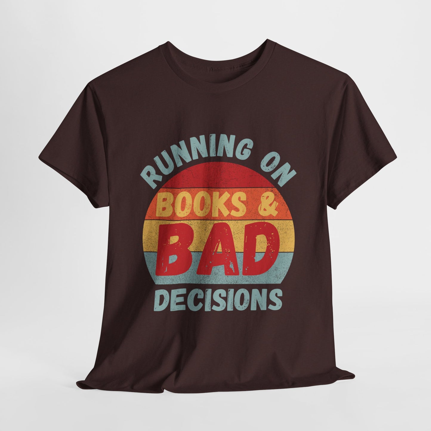 Teen/Adult Unisex Running on Books & Bad Decisions Tee – Funny Retro Reader Shirt for Book Addicts (Curve Edition)