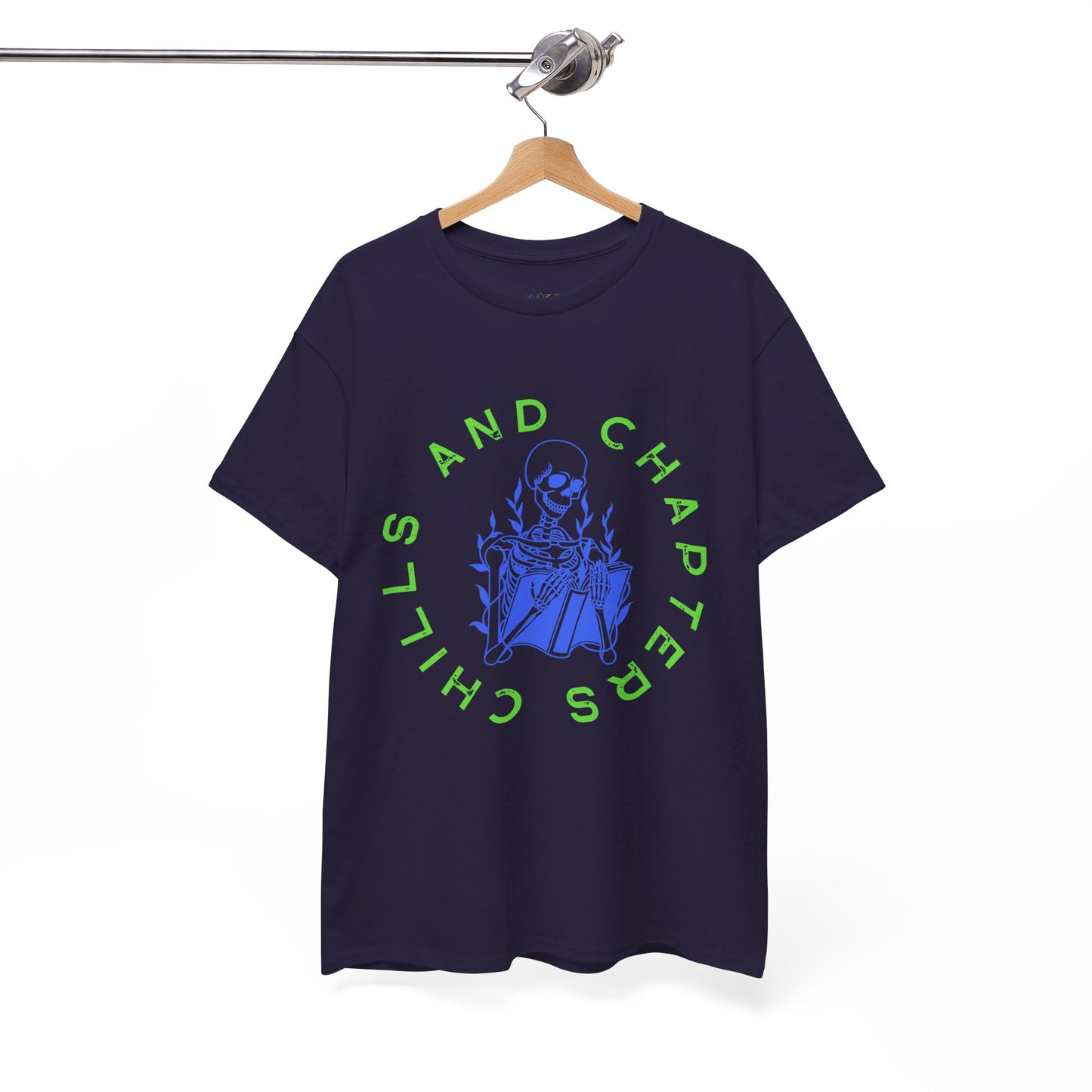Teen/Adult Unisex Chills and Chapters T-Shirt â€“ Skeleton Horror Reader Graphic Tee