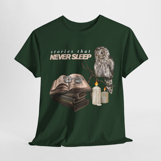 Teen/Adult Unisex "Stories That Never Sleep" Owl & Candlelight Book T-Shirt – Cozy Night Reader Tee