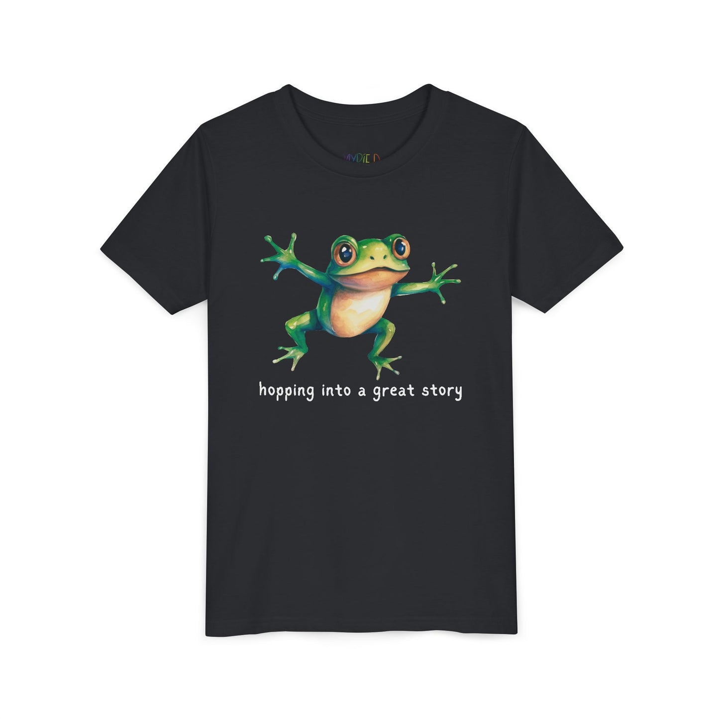 Youth Hopping Into a Great Story Tee – Frog Reading Shirt for Curious Young Readers