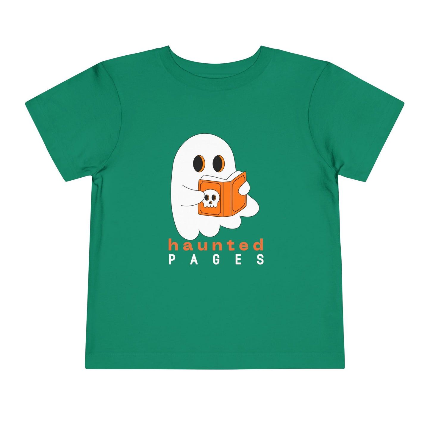 Green toddler t-shirt with a ghost reading a scary book and 'haunted pages' text on a white background