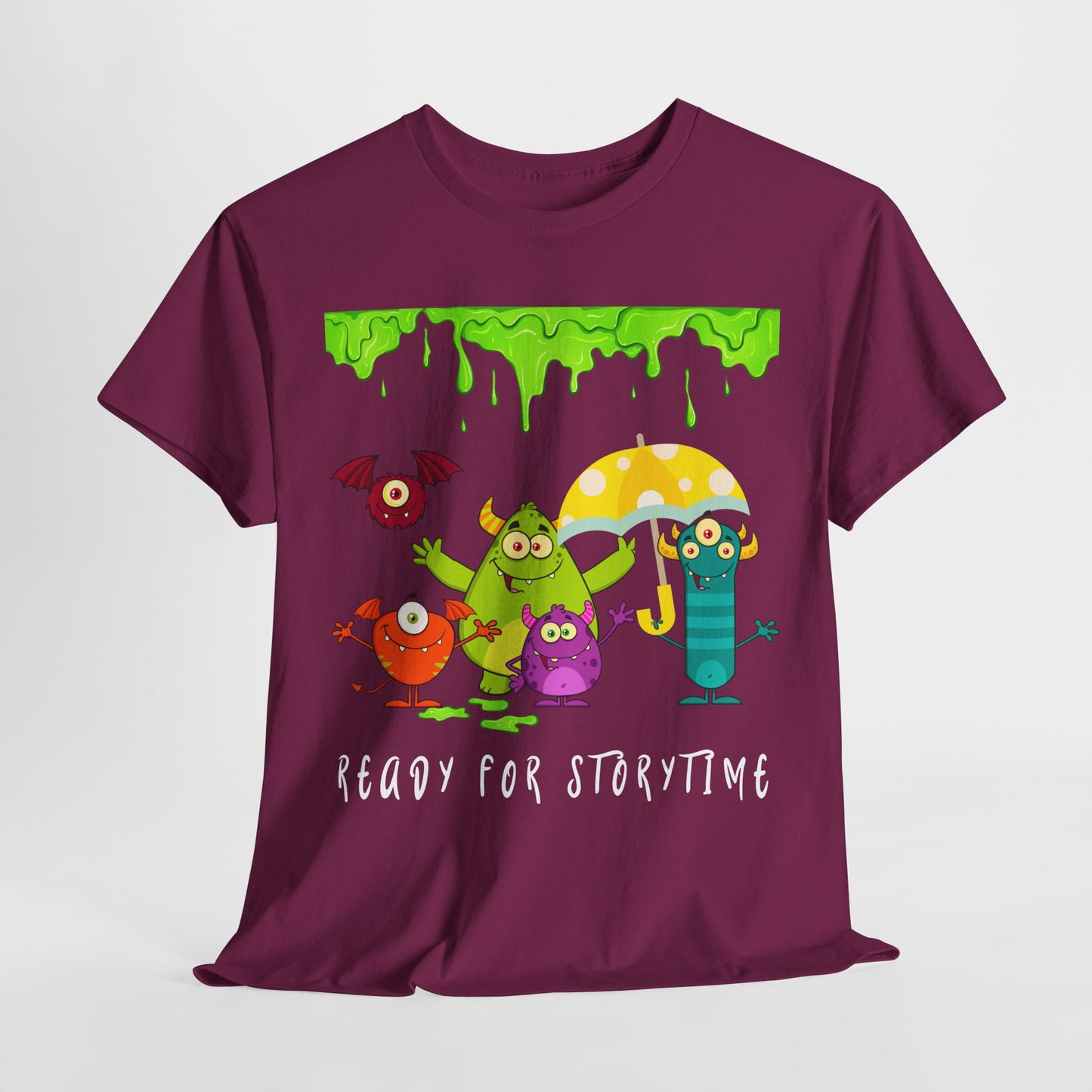Teen/Adult Unisex “Ready for Storytime” Tee – Slime-Dripped Monster Squad Book Shirt for Fun-Loving Readers