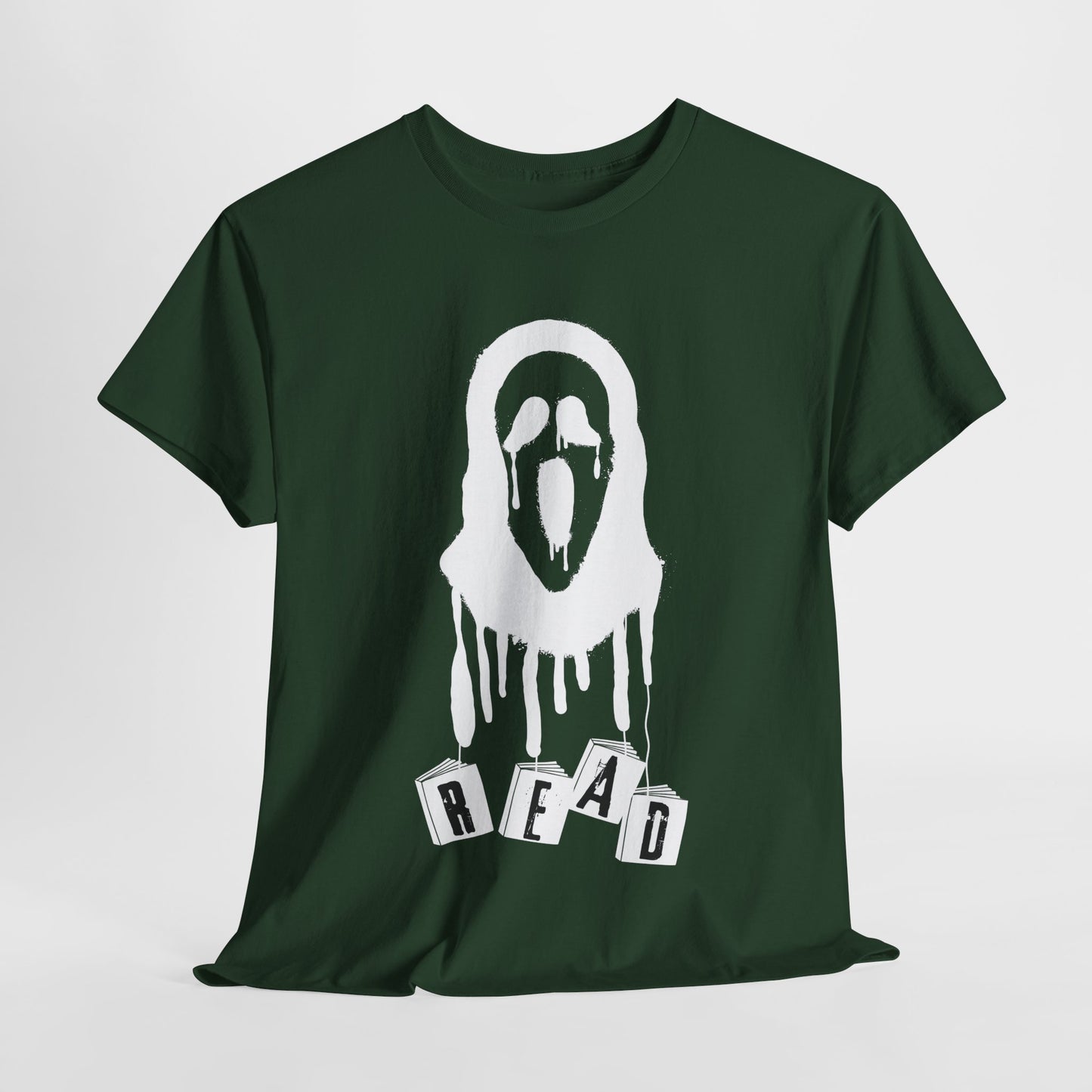Teen/Adult Unisex Horror Mask READ T-Shirt – Creepy Book Lover Graphic Tee