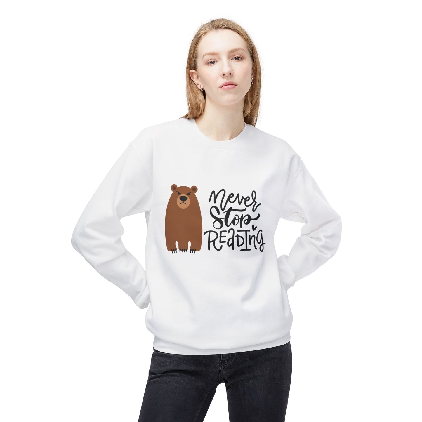 Teen/Adult Unisex Never Stop Reading Sweatshirt, Cozy Bear Book Lover Crewneck