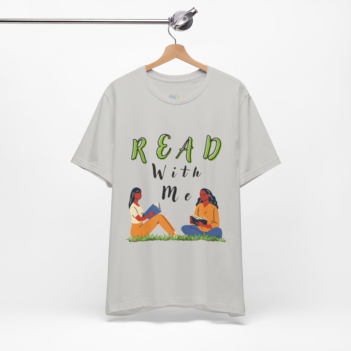 Light gray t-shirt with 'Read With Me' text and illustrations of two people reading 