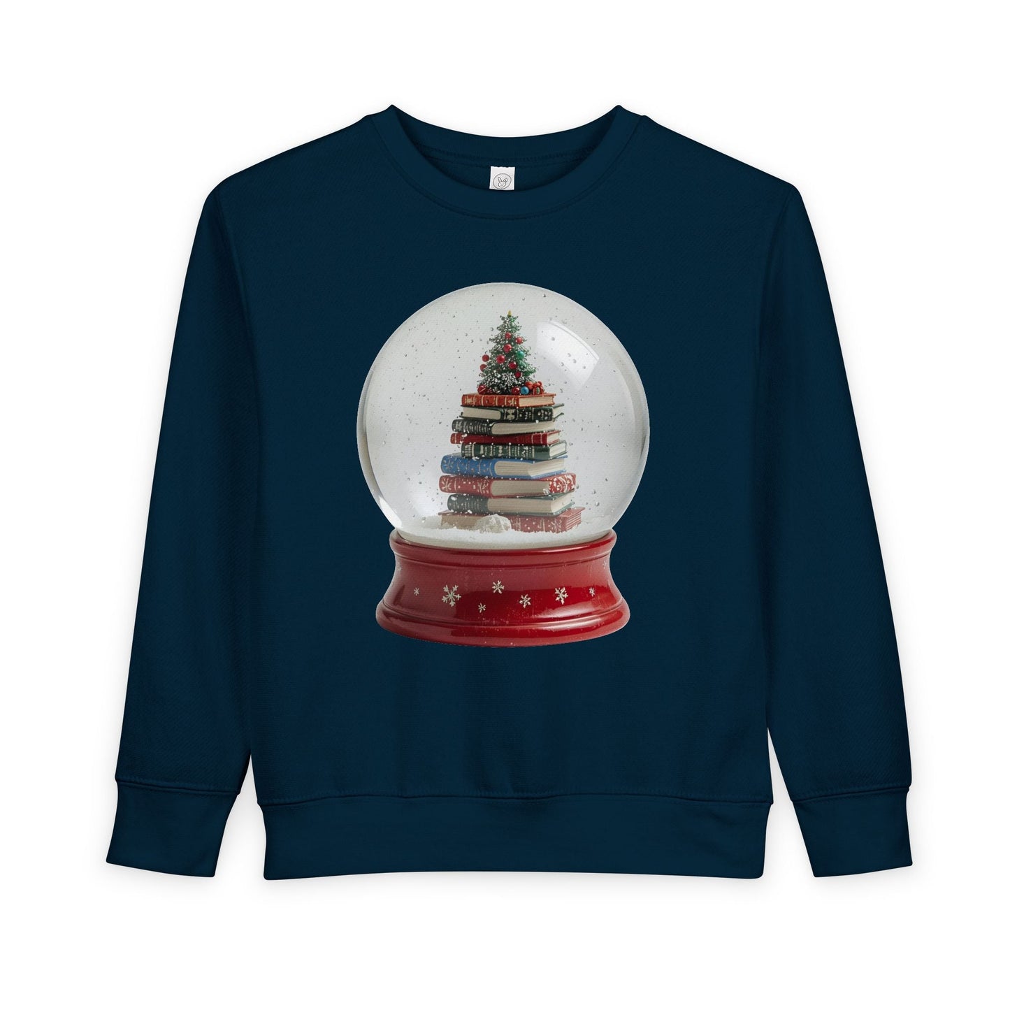 Navy toddler sweatshirt featuring a Christmas tree on a stack of books inside of a snow globe