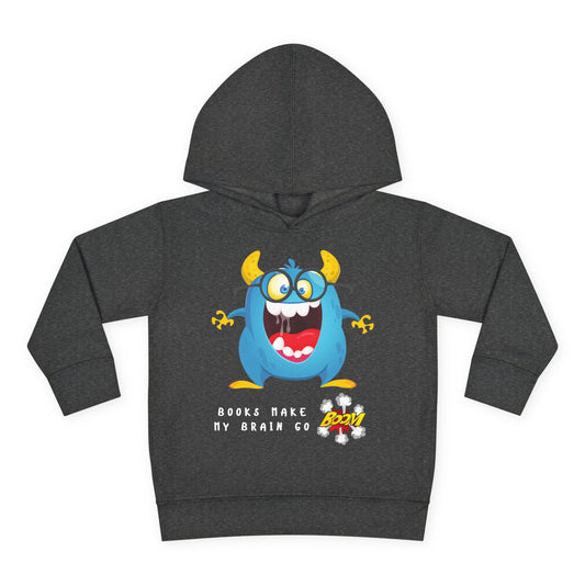 Dark gray hoodie with an energetic, open mouth, eye glass wearing, cartoon monster design and text 
Books Make My Brain Go BOOM"