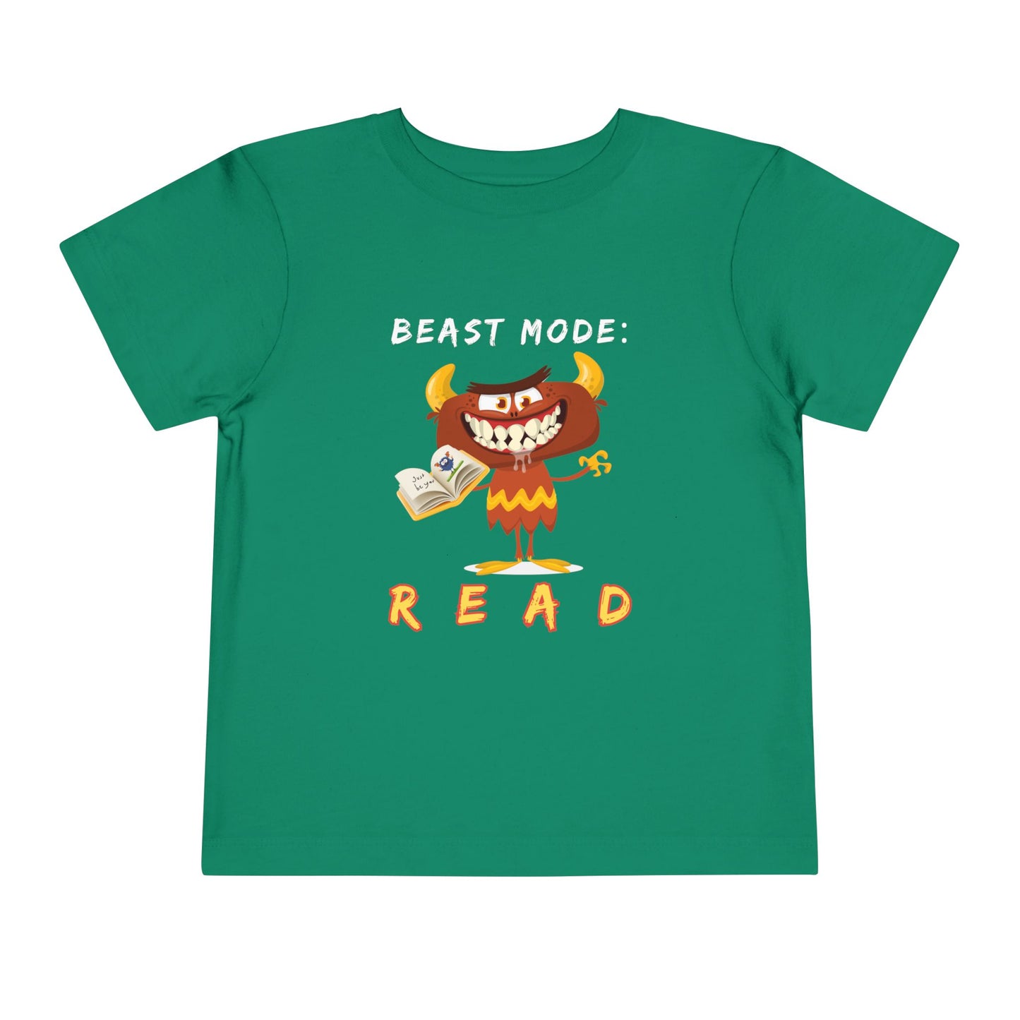 Green toddler t-shirt with a drooling cartoon monster holding a book and text 'Beast Mode: Read' 