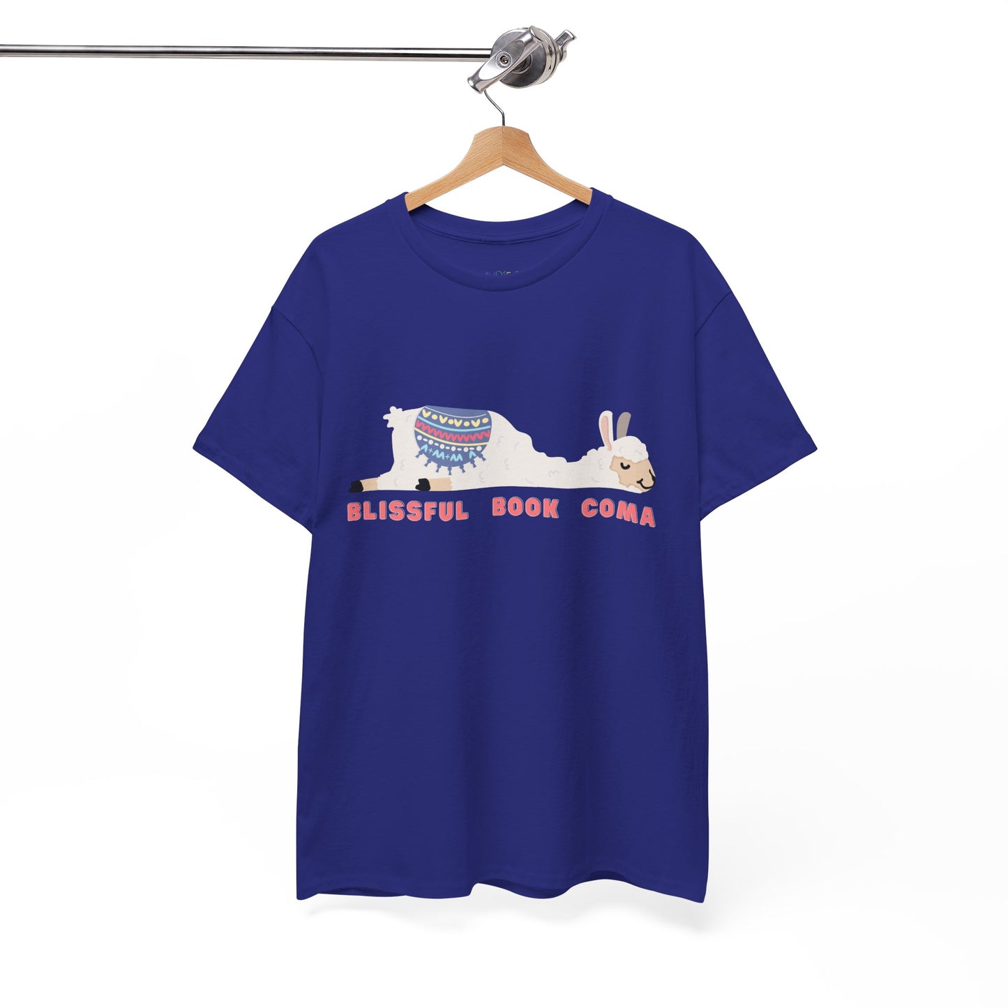 Blue t-shirt with a napping llama and text 'Blissful Book Coma' 