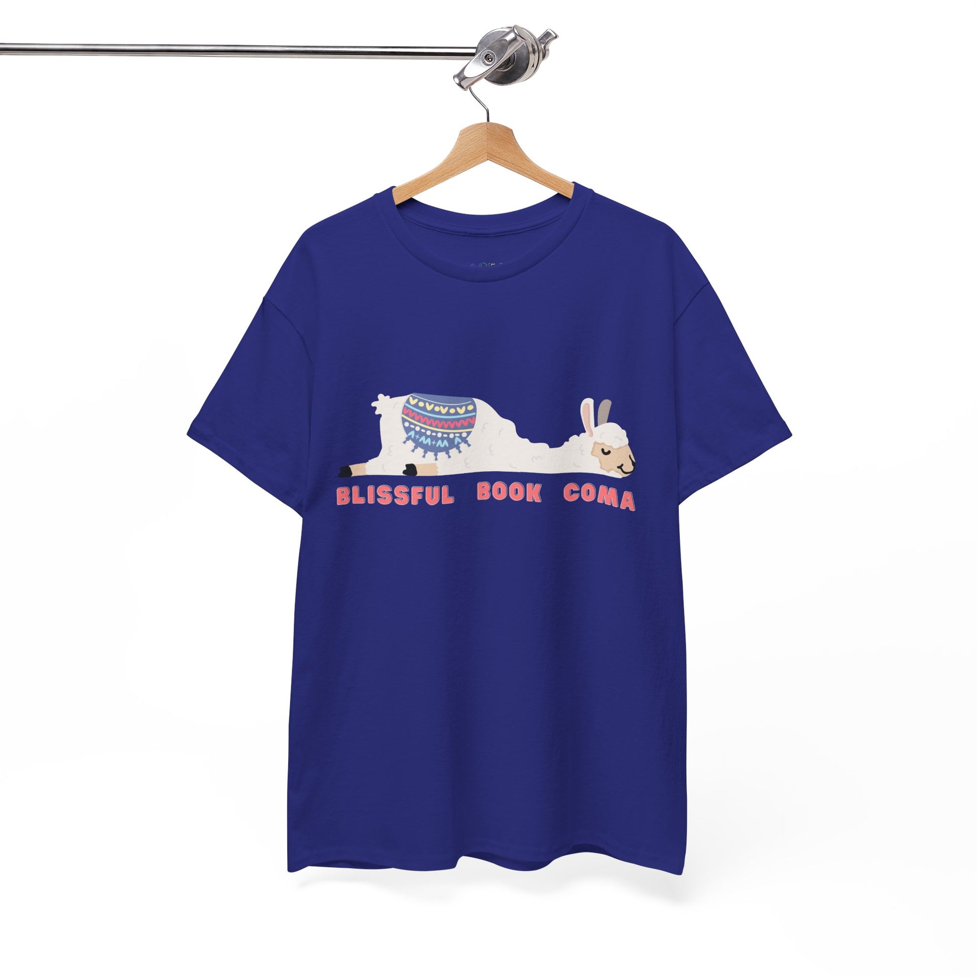 Blue t-shirt with a napping llama and text 'Blissful Book Coma' 
