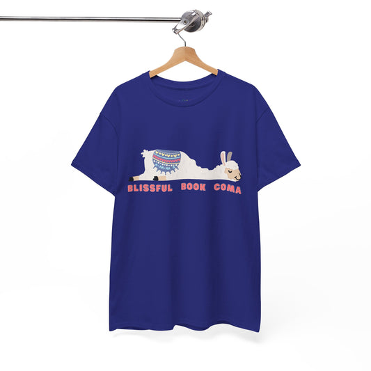 Blue t-shirt with a napping llama and text 'Blissful Book Coma' 