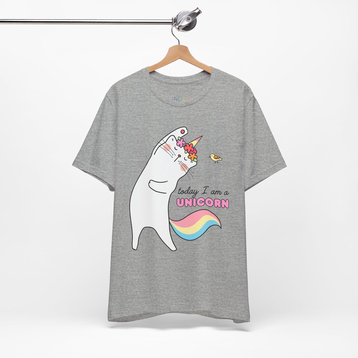 Gray t-shirt with a cat dressed as a unicorn, doing stretches and text 'Today I Am A Unicorn' 