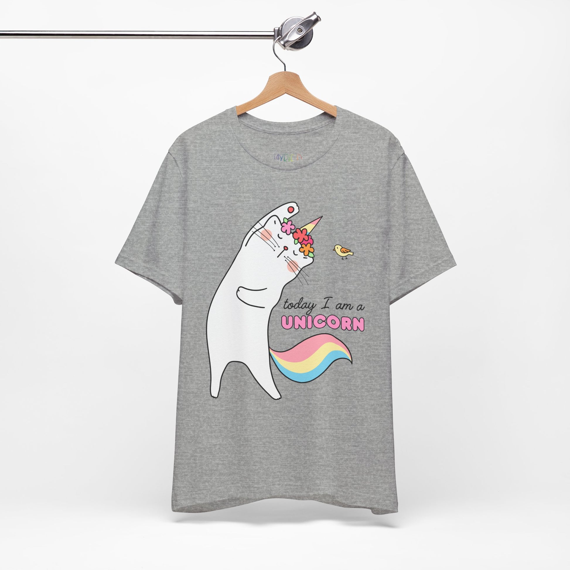 Gray t-shirt with a cat dressed as a unicorn, doing stretches and text 'Today I Am A Unicorn' 
