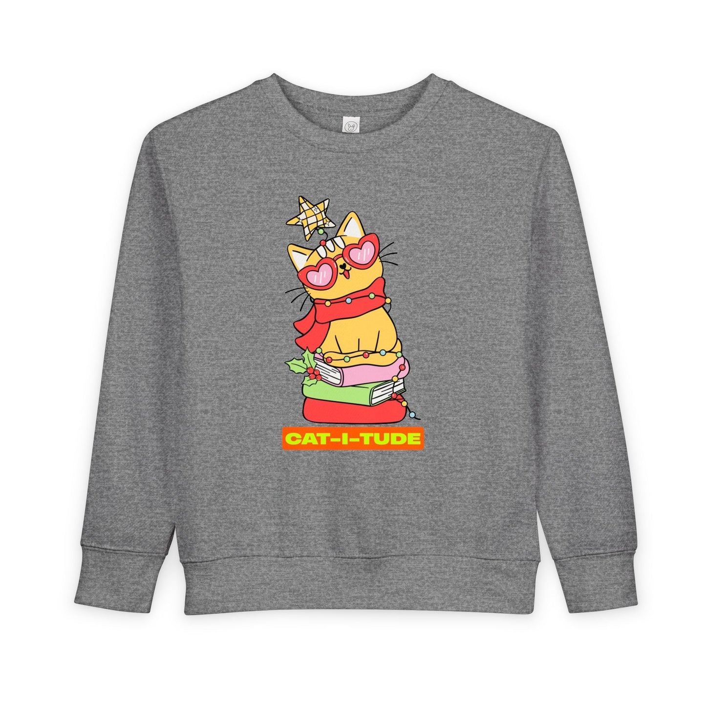 Gray toddler sweatshirt with a cat graphic and 'CAT-I-TUDE' text on a white background